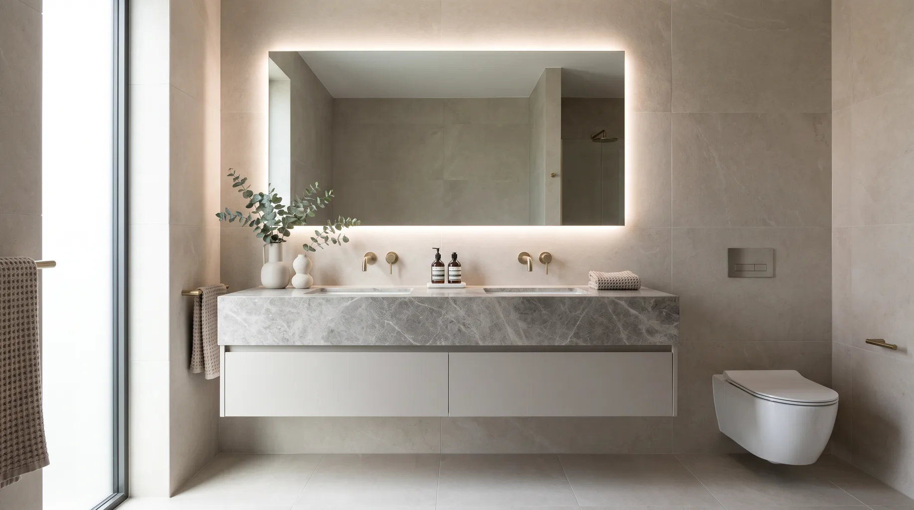 Finished luxury bathroom with wall-hung WC, floating double vanity and backlit mirror