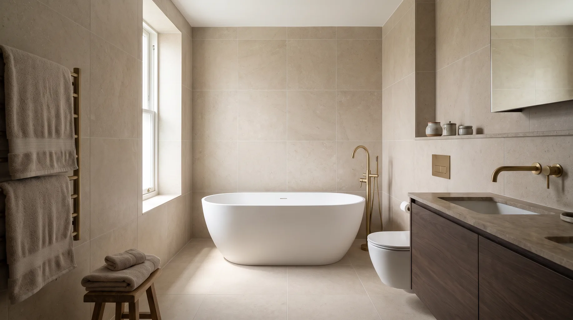 Finished luxury bathroom with freestanding bath, large-format porcelain tiling and brushed brass brassware