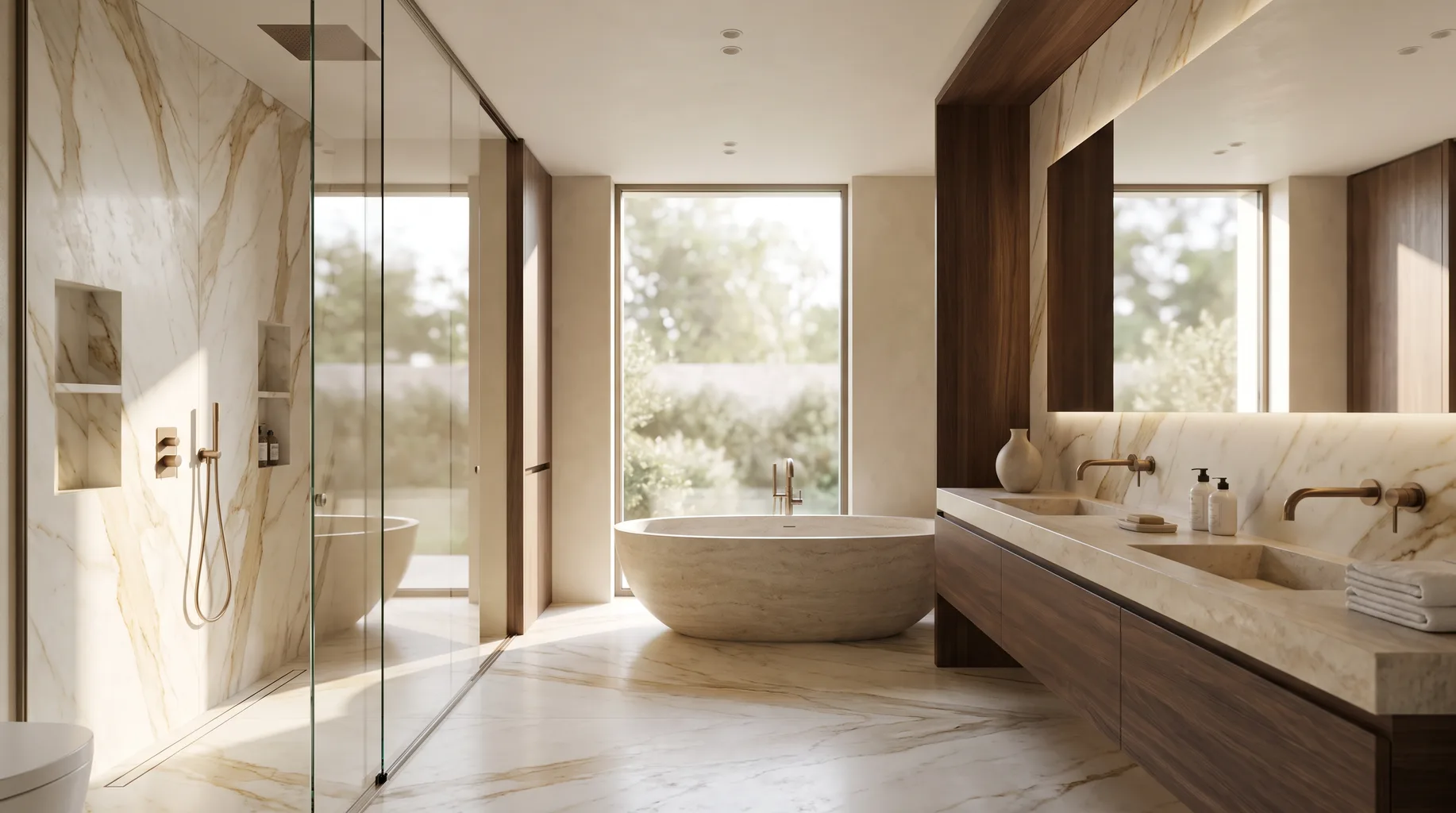Luxury marble bathroom installation with freestanding bath, walk-in shower and brushed bronze fittings — Install My Bathroom, Berkshire & Buckinghamshire bathroom installation specialists