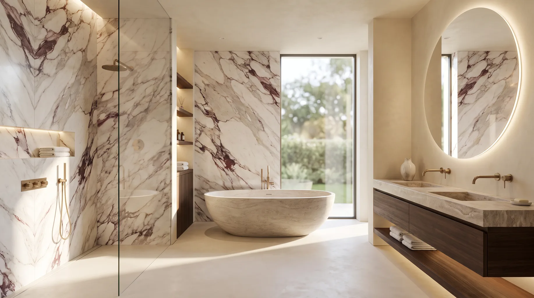 Luxury marble bathroom installation with freestanding bath, walk-in shower and brushed brass fittings — Install My Bathroom, Berkshire & Buckinghamshire bathroom installation specialists
