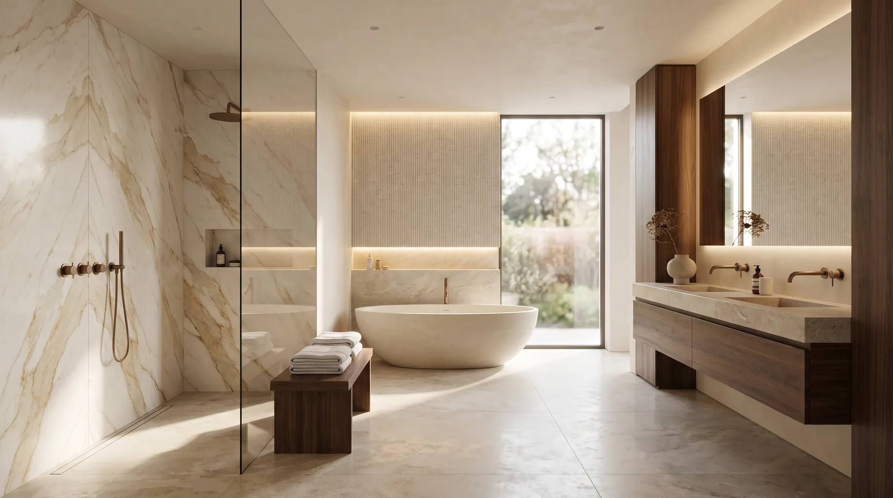 Luxury marble bathroom installation with freestanding bath, walk-in shower and brushed bronze fittings — Install My Bathroom, Berkshire & Buckinghamshire bathroom installation specialists