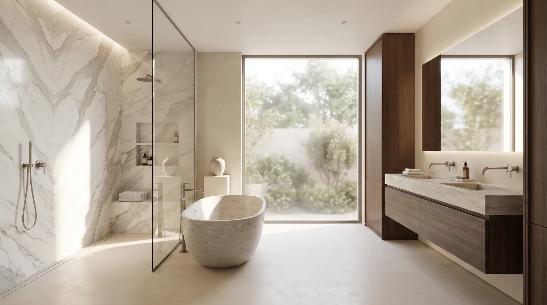 Luxury marble bathroom installation with freestanding bath, walk-in shower and brushed nickel fittings — Install My Bathroom, Berkshire & Buckinghamshire bathroom installation specialists