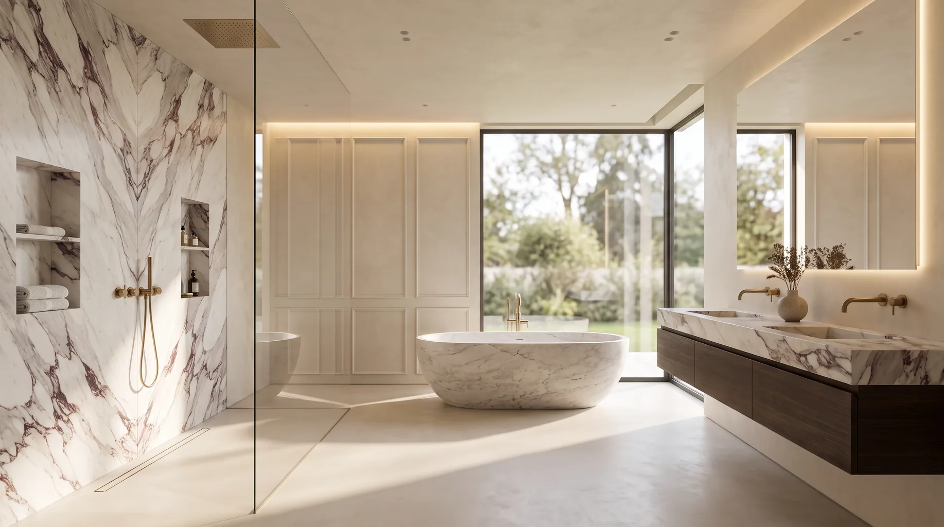 Luxury marble bathroom installation with freestanding bath, walk-in shower and brushed brass fittings — Install My Bathroom, Berkshire & Buckinghamshire bathroom installation specialists