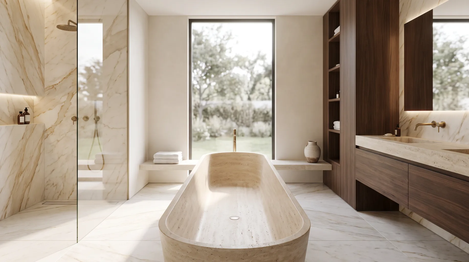 Luxury marble bathroom installation with freestanding bath, walk-in shower and brushed bronze fittings — Install My Bathroom, Berkshire & Buckinghamshire bathroom installation specialists