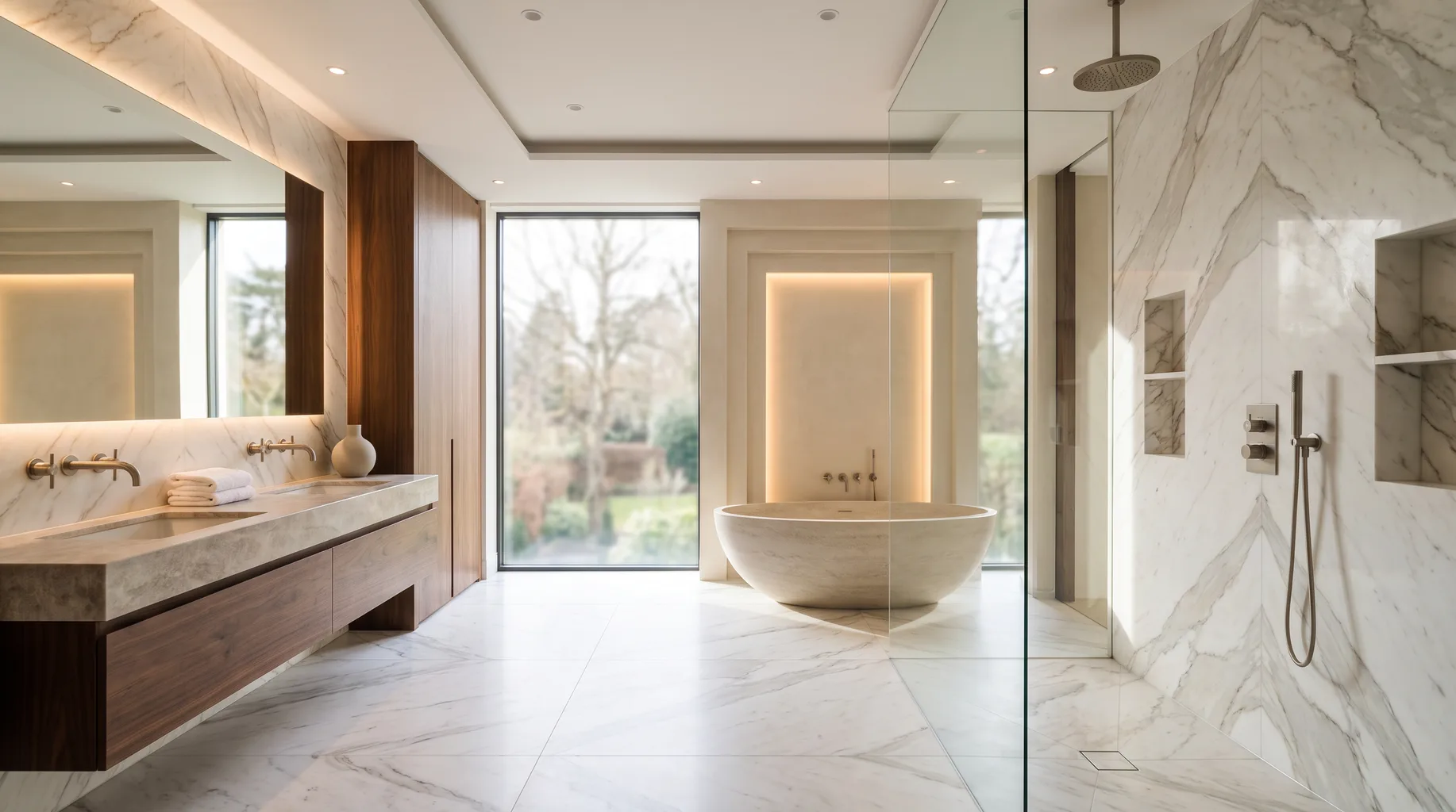 Luxury marble bathroom installation with freestanding bath, walk-in shower and brushed nickel fittings — Install My Bathroom, Berkshire & Buckinghamshire bathroom installation specialists