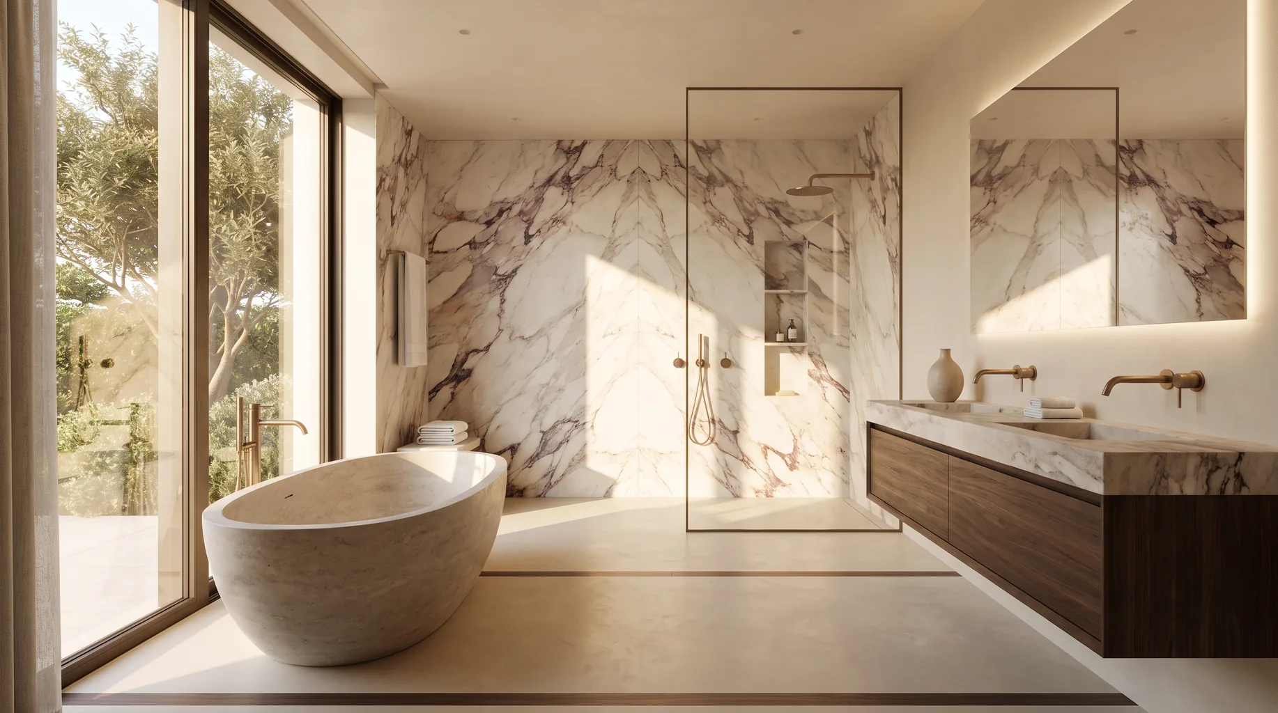 Luxury marble bathroom installation with freestanding bath, walk-in shower and brushed brass fittings — Install My Bathroom, Berkshire & Buckinghamshire bathroom installation specialists