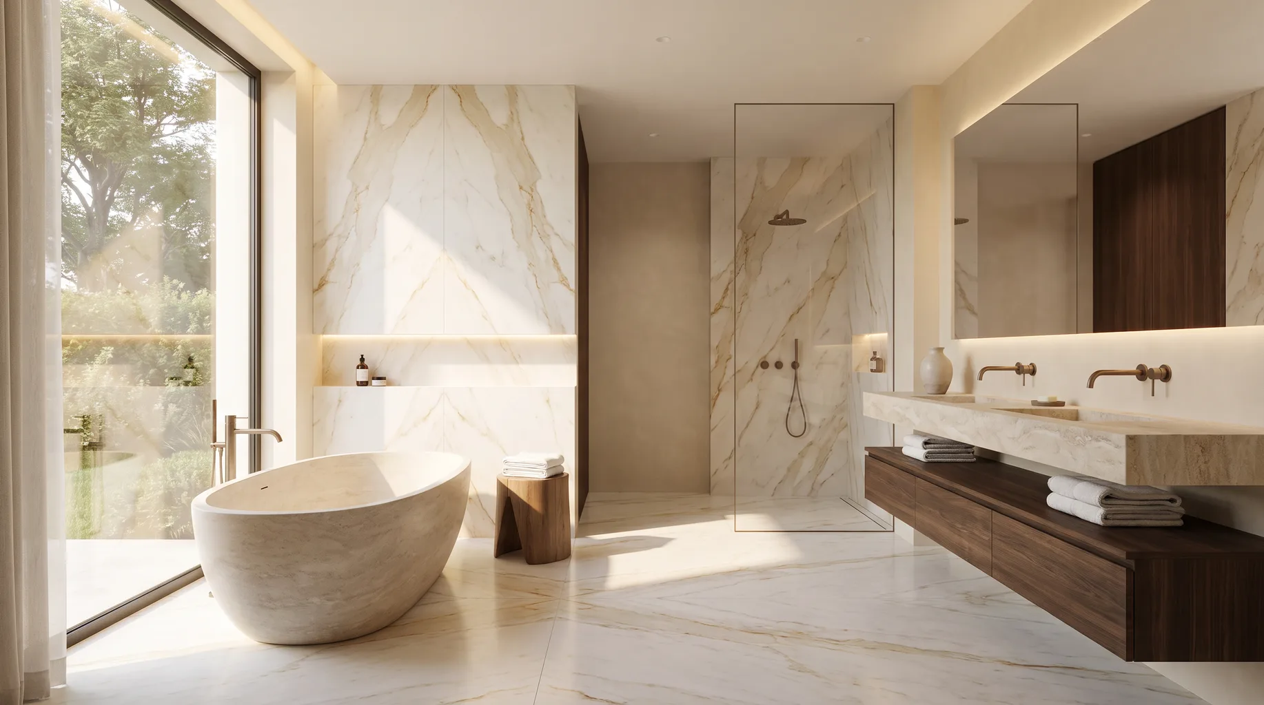 Luxury marble bathroom installation with freestanding bath, walk-in shower and brushed bronze fittings — Install My Bathroom, Berkshire & Buckinghamshire bathroom installation specialists