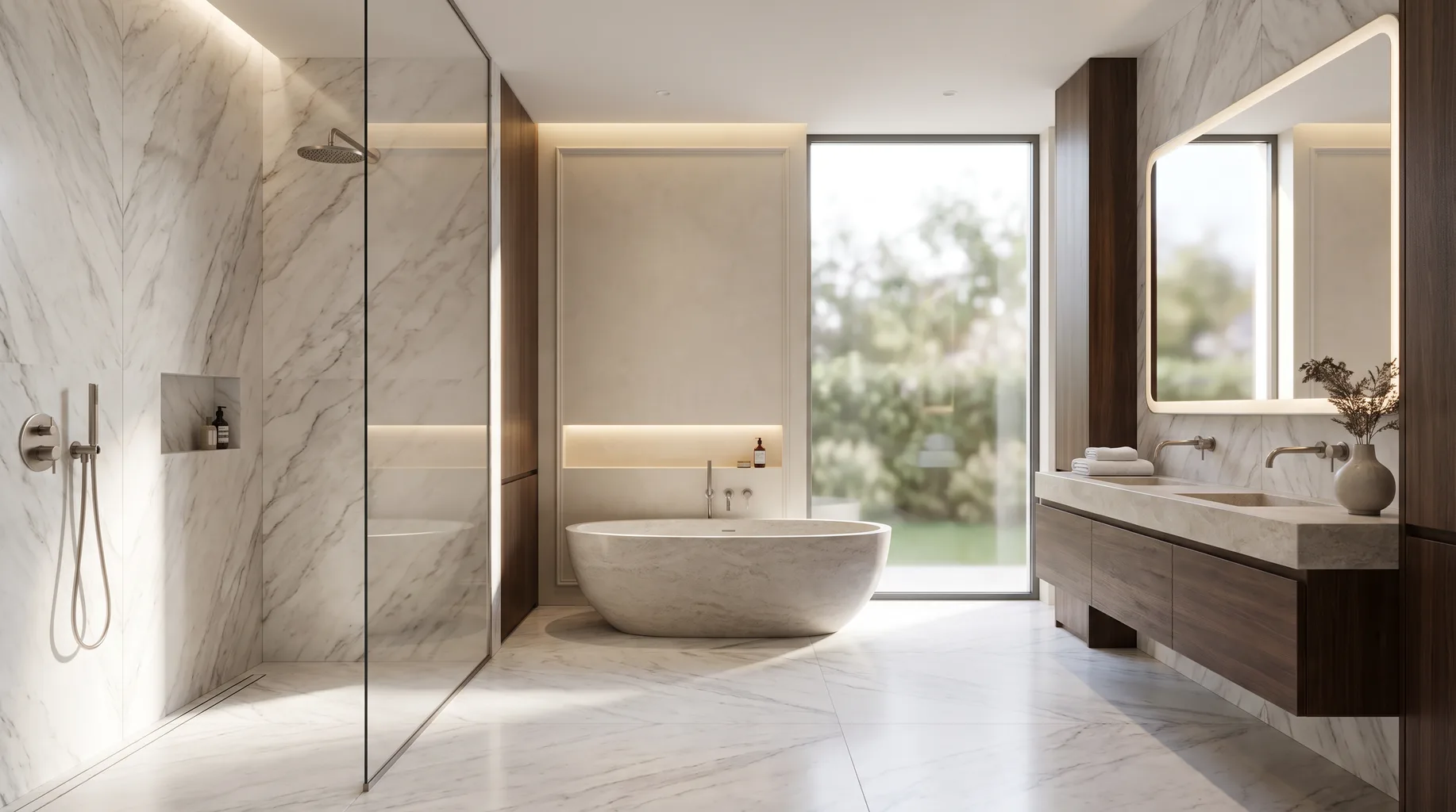Luxury marble bathroom installation with freestanding bath, walk-in shower and brushed nickel fittings — Install My Bathroom, Berkshire & Buckinghamshire bathroom installation specialists