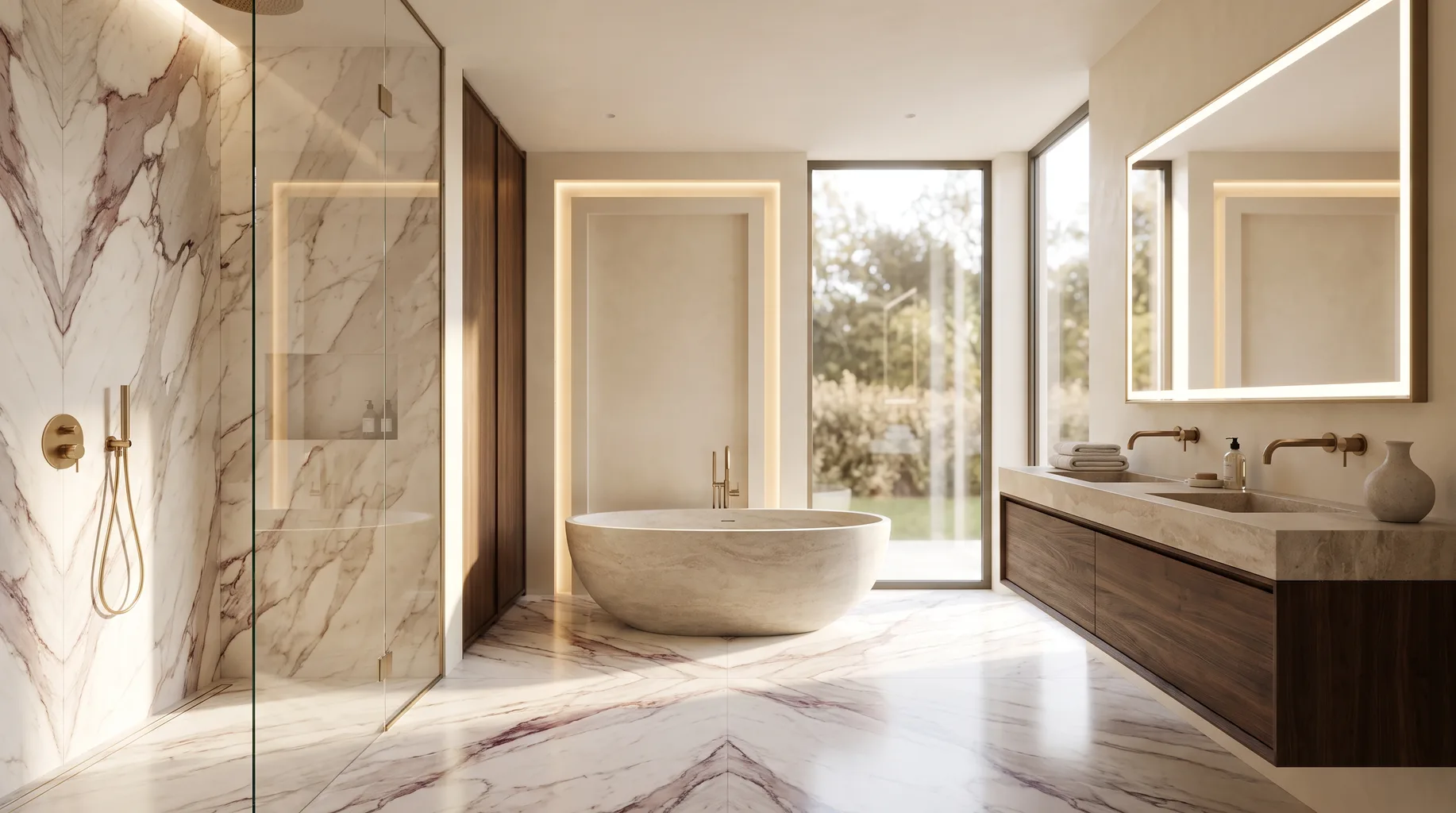 Luxury marble bathroom installation with freestanding bath, walk-in shower and brushed brass fittings — Install My Bathroom, Berkshire & Buckinghamshire bathroom installation specialists