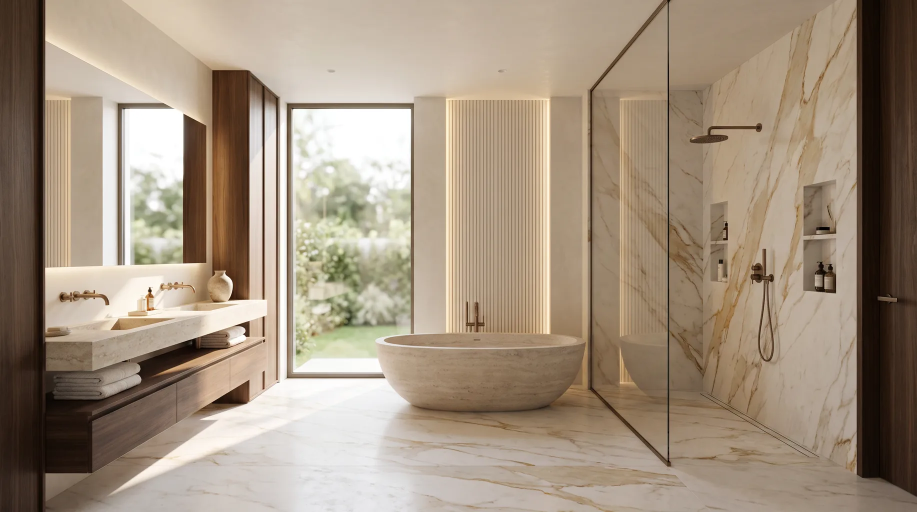 Luxury marble bathroom installation with freestanding bath, walk-in shower and brushed bronze fittings — Install My Bathroom, Berkshire & Buckinghamshire bathroom installation specialists