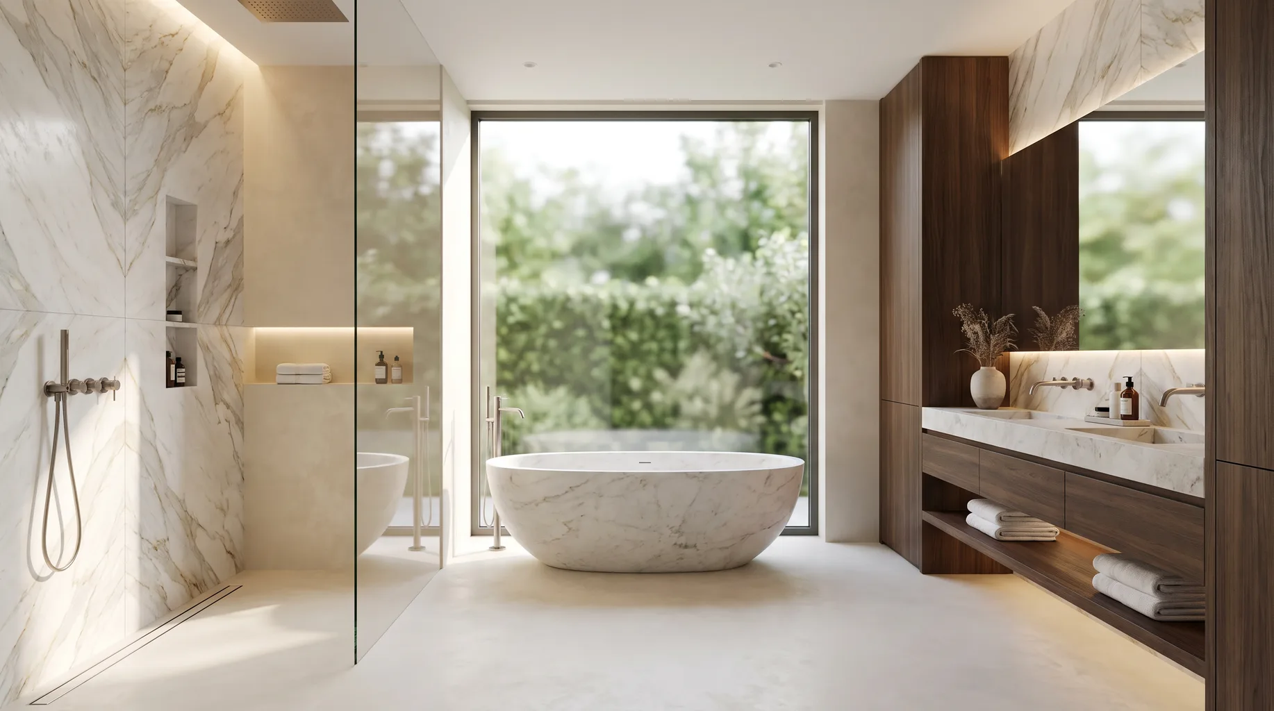 Luxury marble bathroom installation with freestanding bath, walk-in shower and brushed nickel fittings — Install My Bathroom, Berkshire & Buckinghamshire bathroom installation specialists
