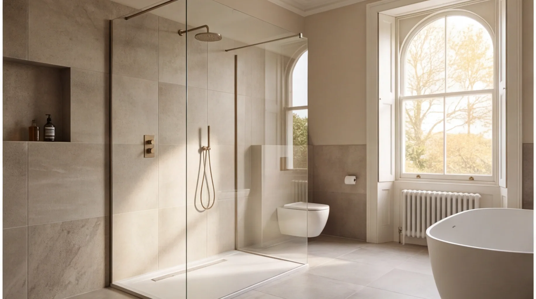 Large period-house en-suite with stone and porcelain finishes and a walk-in shower