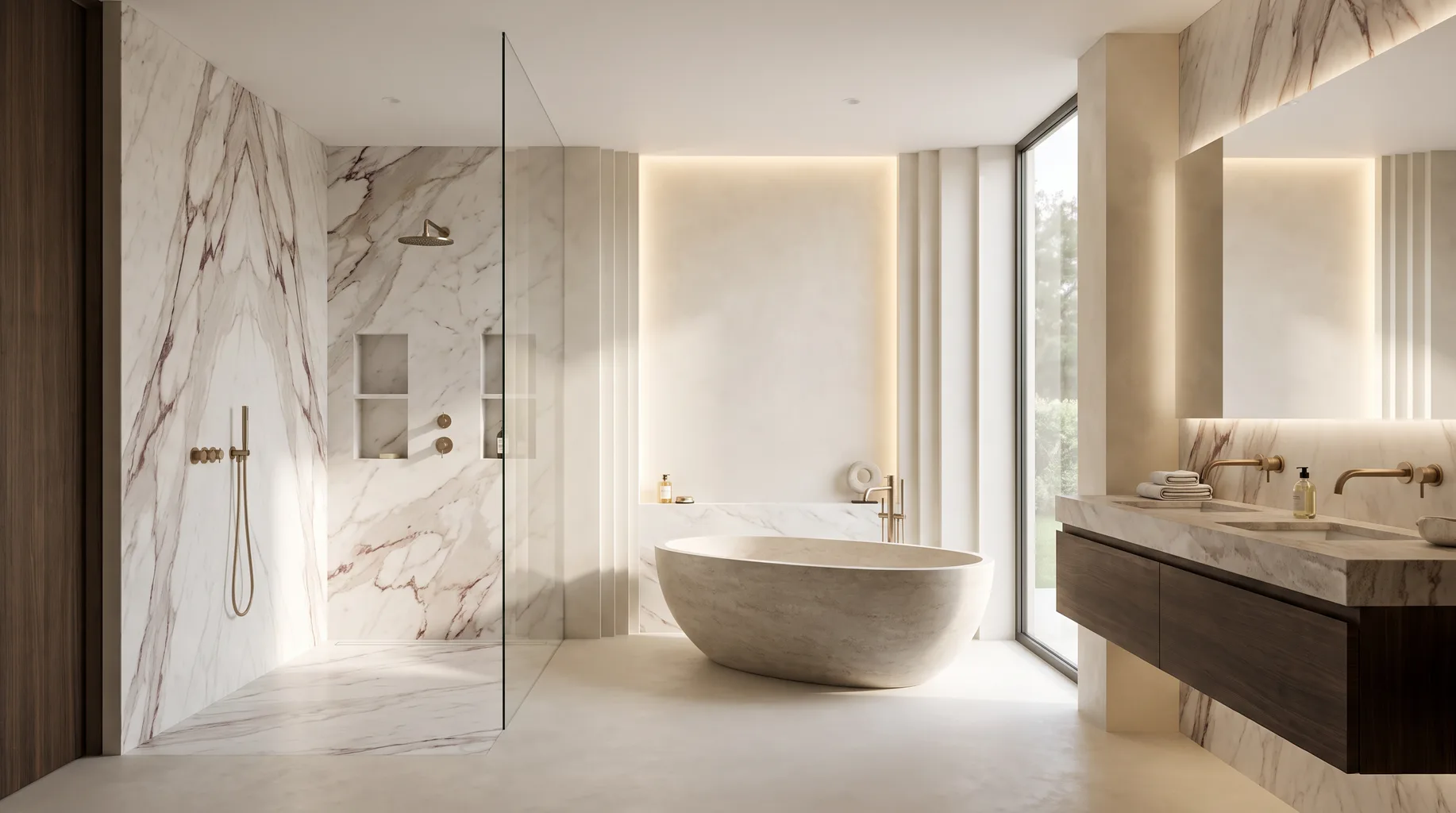 Luxury marble bathroom installation with freestanding bath, walk-in shower and brushed brass fittings — Install My Bathroom, Berkshire & Buckinghamshire bathroom installation specialists
