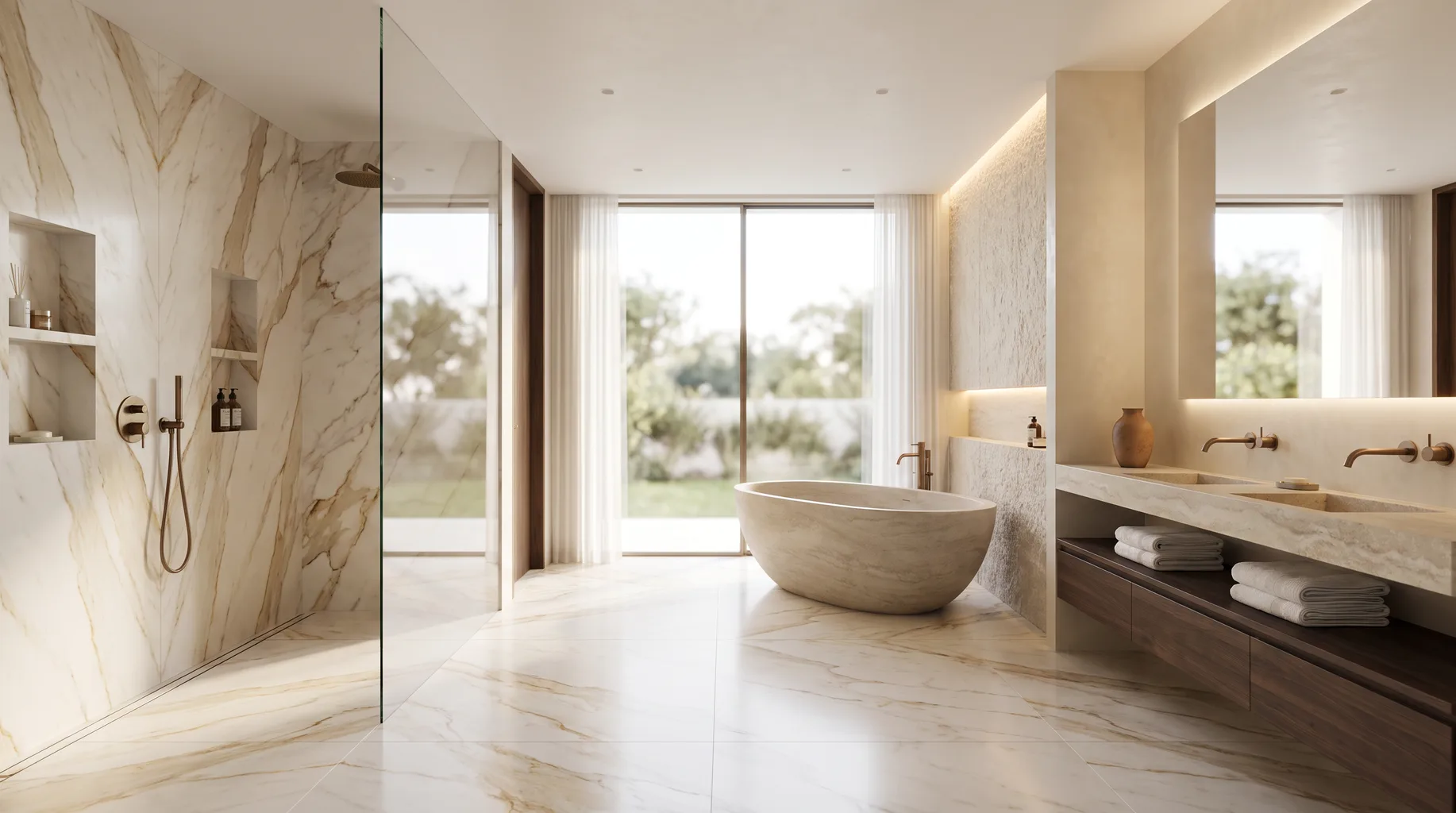 Luxury marble bathroom installation with freestanding bath, walk-in shower and brushed bronze fittings — Install My Bathroom, Berkshire & Buckinghamshire bathroom installation specialists