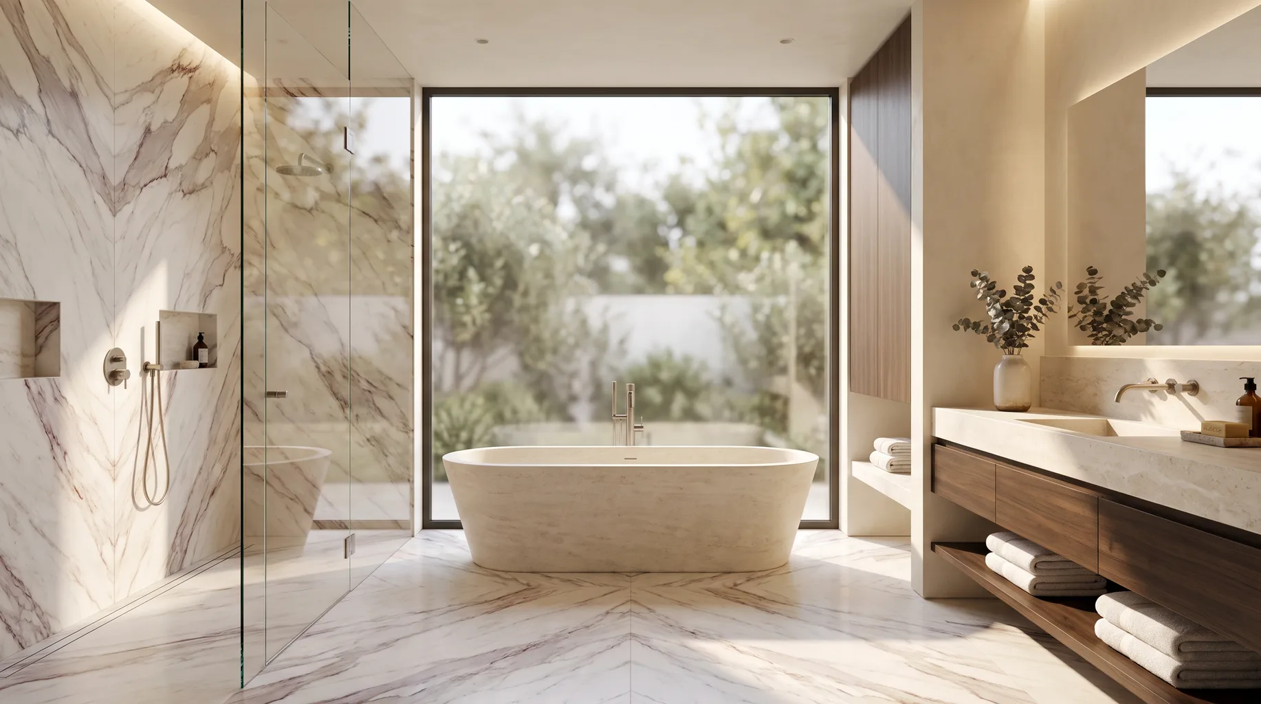 Luxury marble bathroom installation with freestanding bath, walk-in shower and brushed nickel fittings — Install My Bathroom, Berkshire & Buckinghamshire bathroom installation specialists