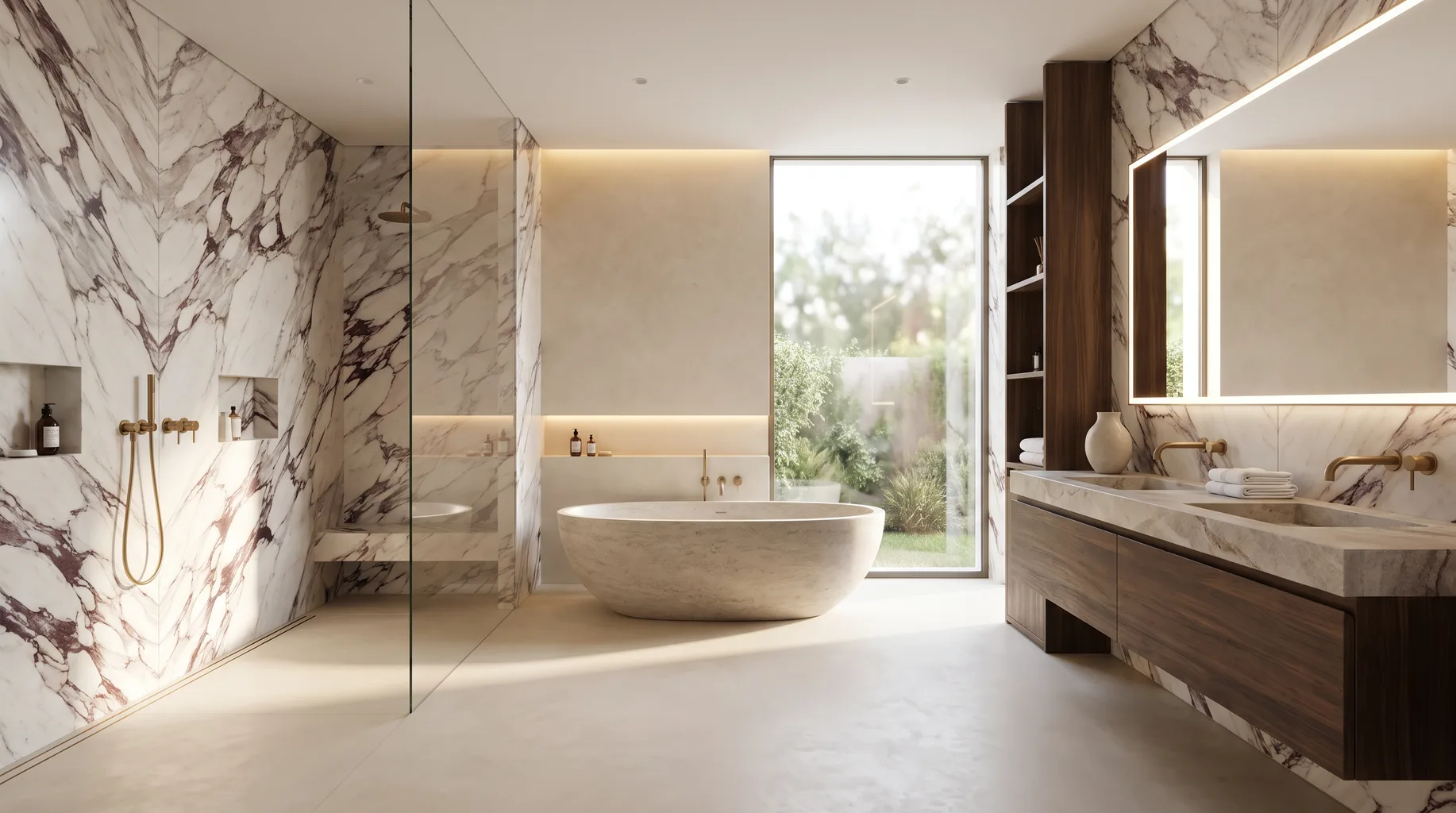 Luxury marble bathroom installation with freestanding bath, walk-in shower and brushed brass fittings — Install My Bathroom, Berkshire & Buckinghamshire bathroom installation specialists