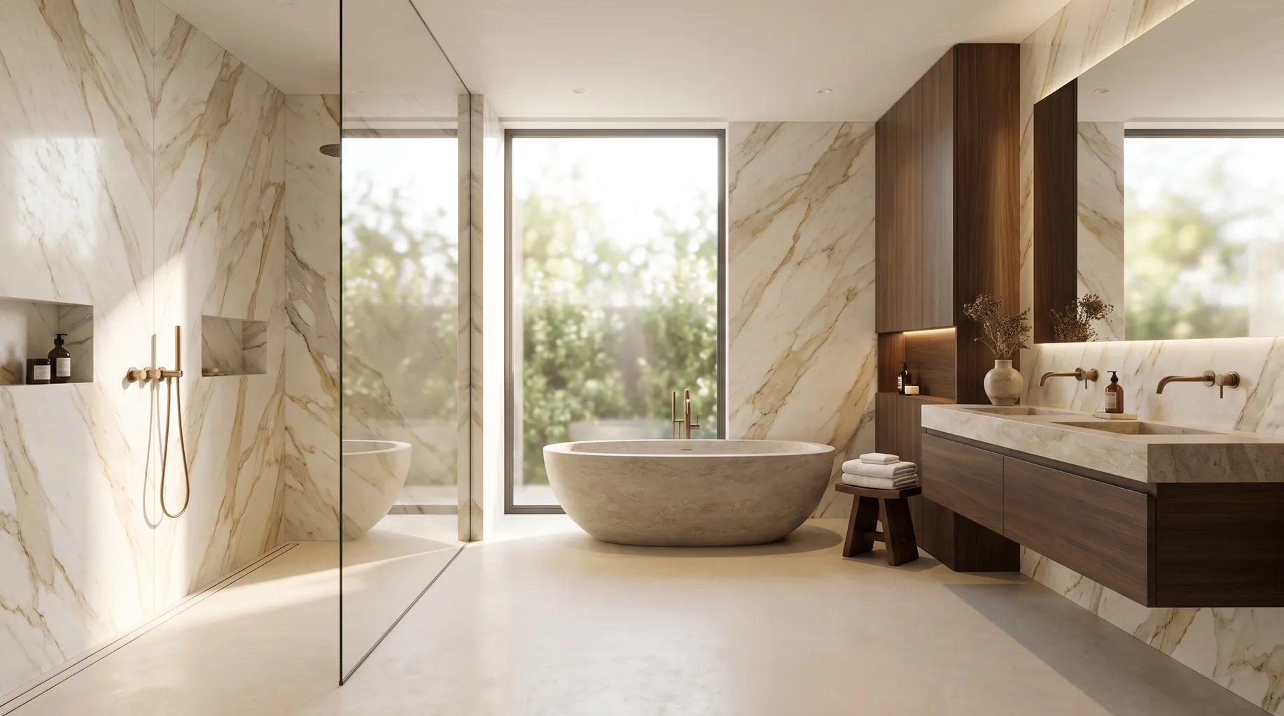 Luxury marble bathroom installation with freestanding bath, walk-in shower and brushed bronze fittings — Install My Bathroom, Berkshire & Buckinghamshire bathroom installation specialists