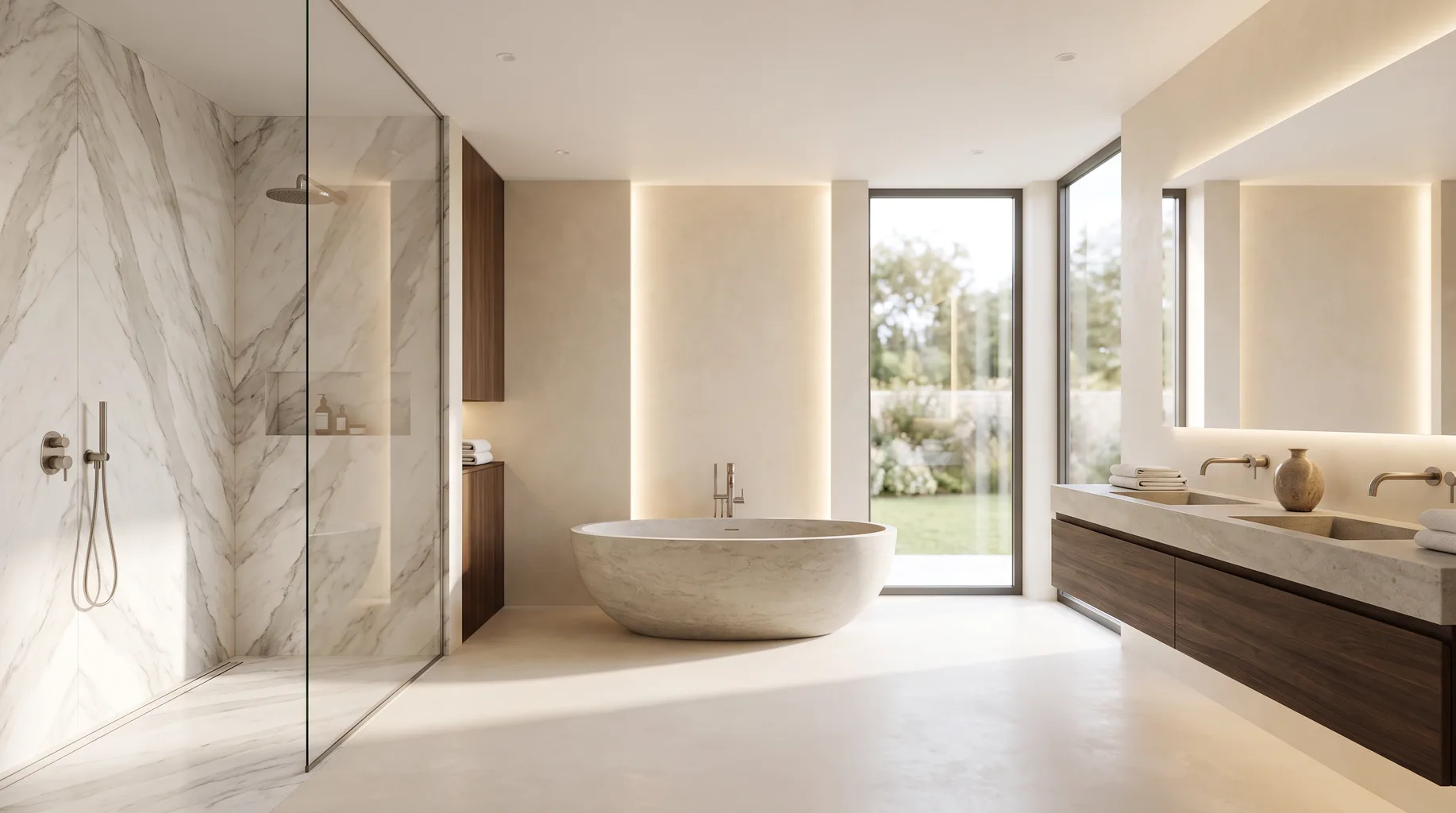 Luxury marble bathroom installation with freestanding bath, walk-in shower and brushed nickel fittings — Install My Bathroom, Berkshire & Buckinghamshire bathroom installation specialists