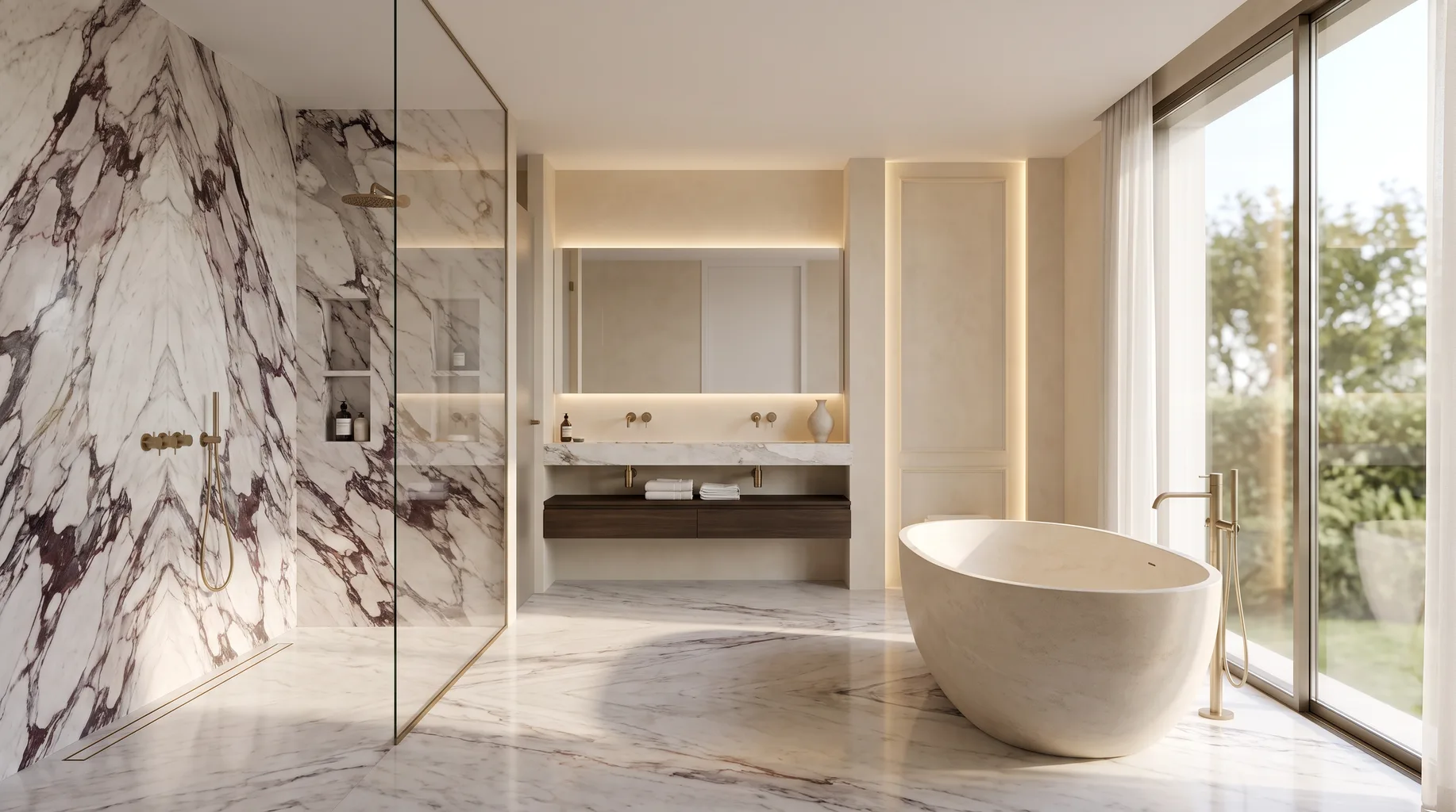 Luxury marble bathroom installation with freestanding bath, walk-in shower and brushed brass fittings — Install My Bathroom, Berkshire & Buckinghamshire bathroom installation specialists