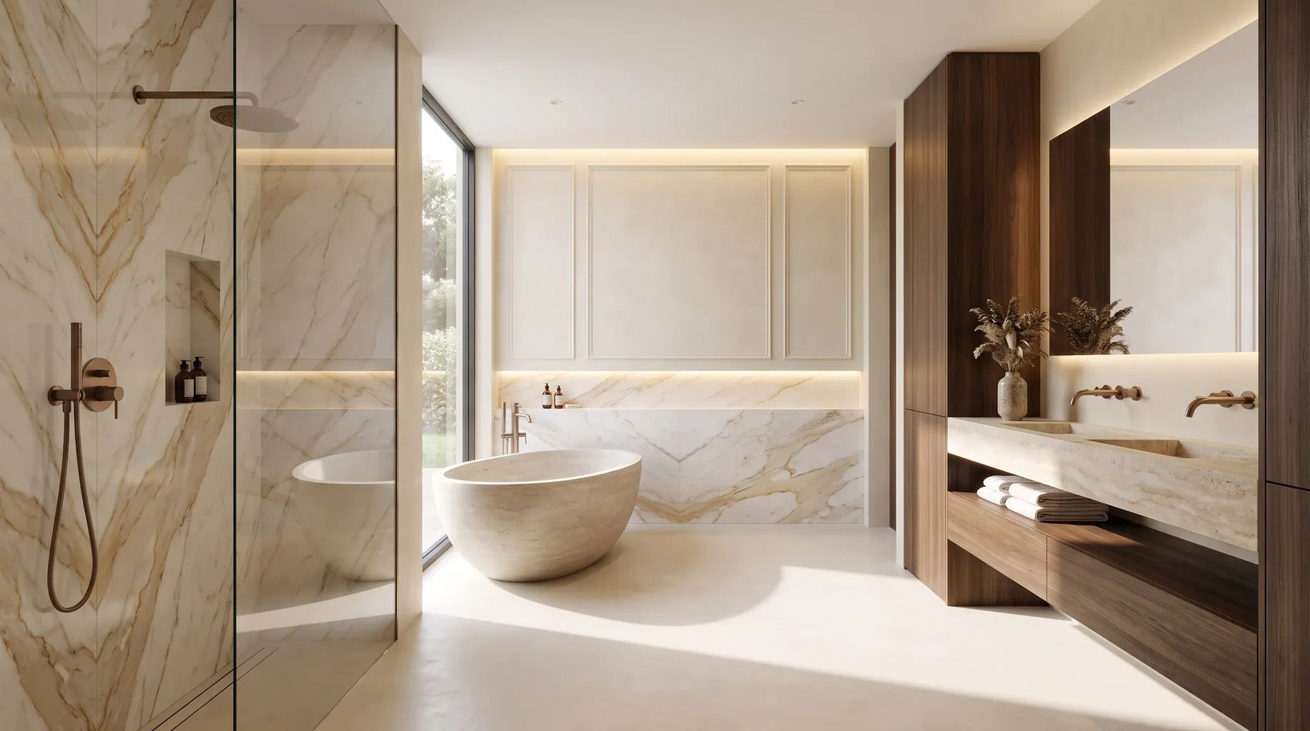 Luxury marble bathroom installation with freestanding bath, walk-in shower and brushed bronze fittings — Install My Bathroom, Berkshire & Buckinghamshire bathroom installation specialists