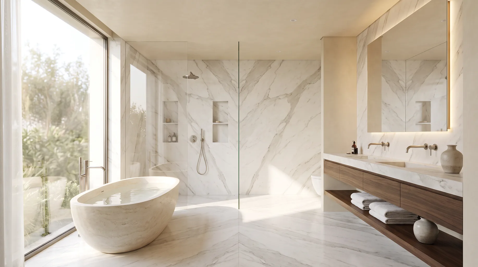 Luxury marble bathroom installation with freestanding bath, walk-in shower and brushed nickel fittings — Install My Bathroom, Berkshire & Buckinghamshire bathroom installation specialists