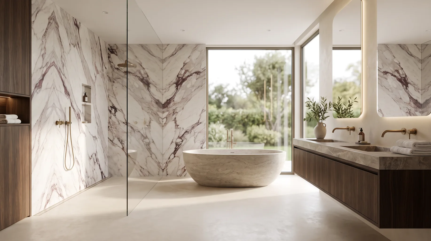 Luxury marble bathroom installation with freestanding bath, walk-in shower and brushed brass fittings — Install My Bathroom, Berkshire & Buckinghamshire bathroom installation specialists
