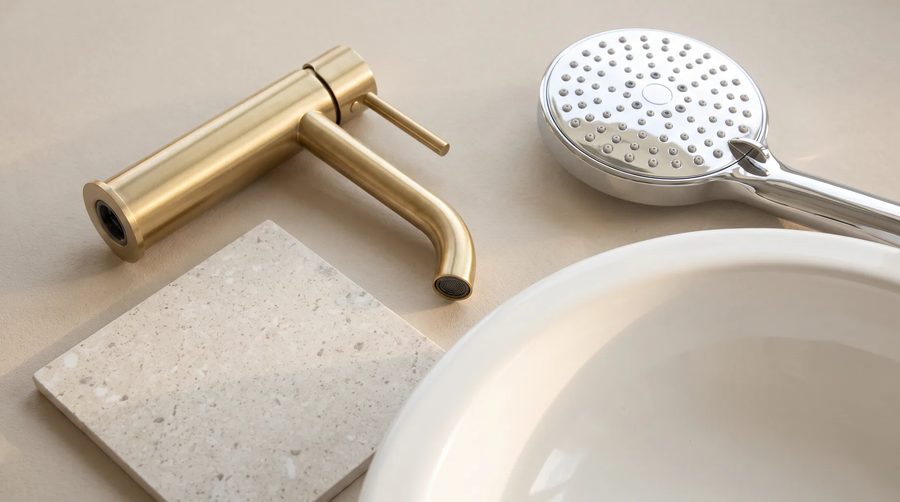 Styled still-life of premium brushed brass tap, chrome shower head, ceramic basin edge and stone-look tile sample
