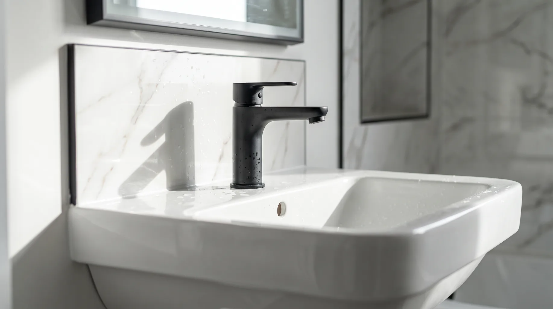 Close-up of a matte black single-lever basin mixer tap against a Calacatta marble-effect splashback in a finished Ascot bathroom vanity, bright natural side light.
