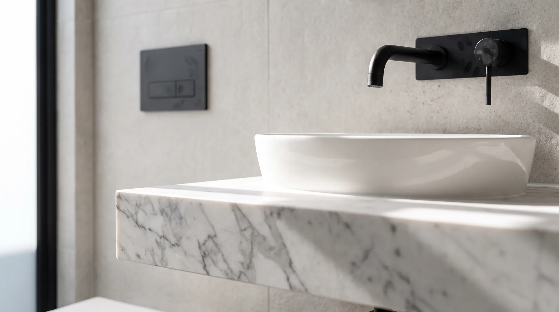 Close-up of a matte black concealed cistern flush plate and basin mixer tap above a Calacatta marble vanity top in a Binfield ensuite