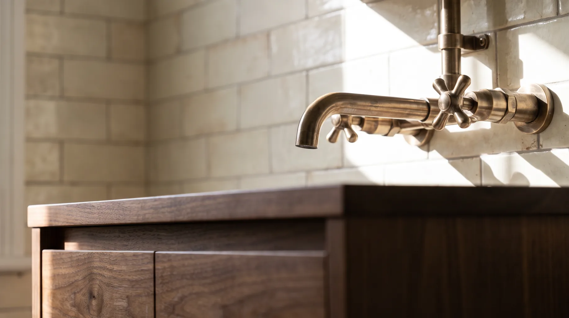 Close-up of a brushed bronze cross-head basin mixer tap with exposed pipework above a walnut vanity unit in a Victorian-era Camberley villa bathroom, bright angled daylight.