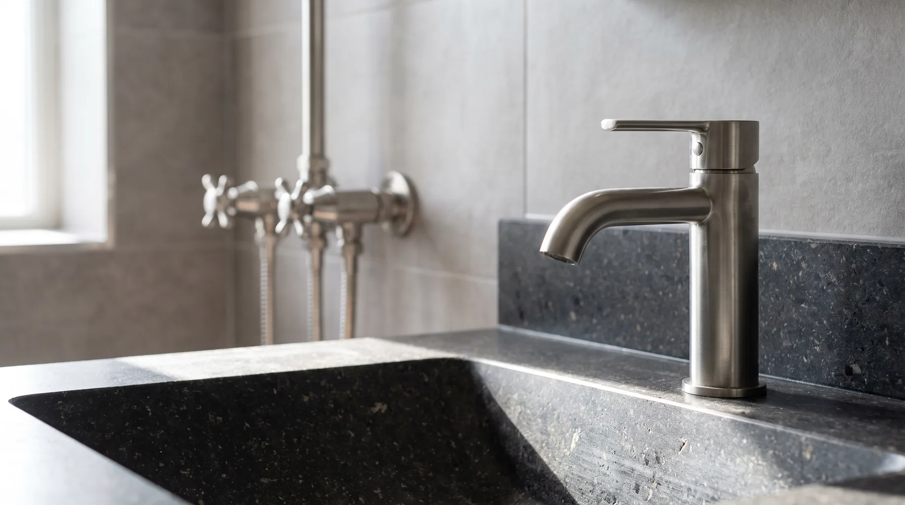 Close-up of a traditional exposed brushed chrome shower valve beside a contemporary basin mixer on a dark basalt stone vanity top in a Crowthorne bathroom