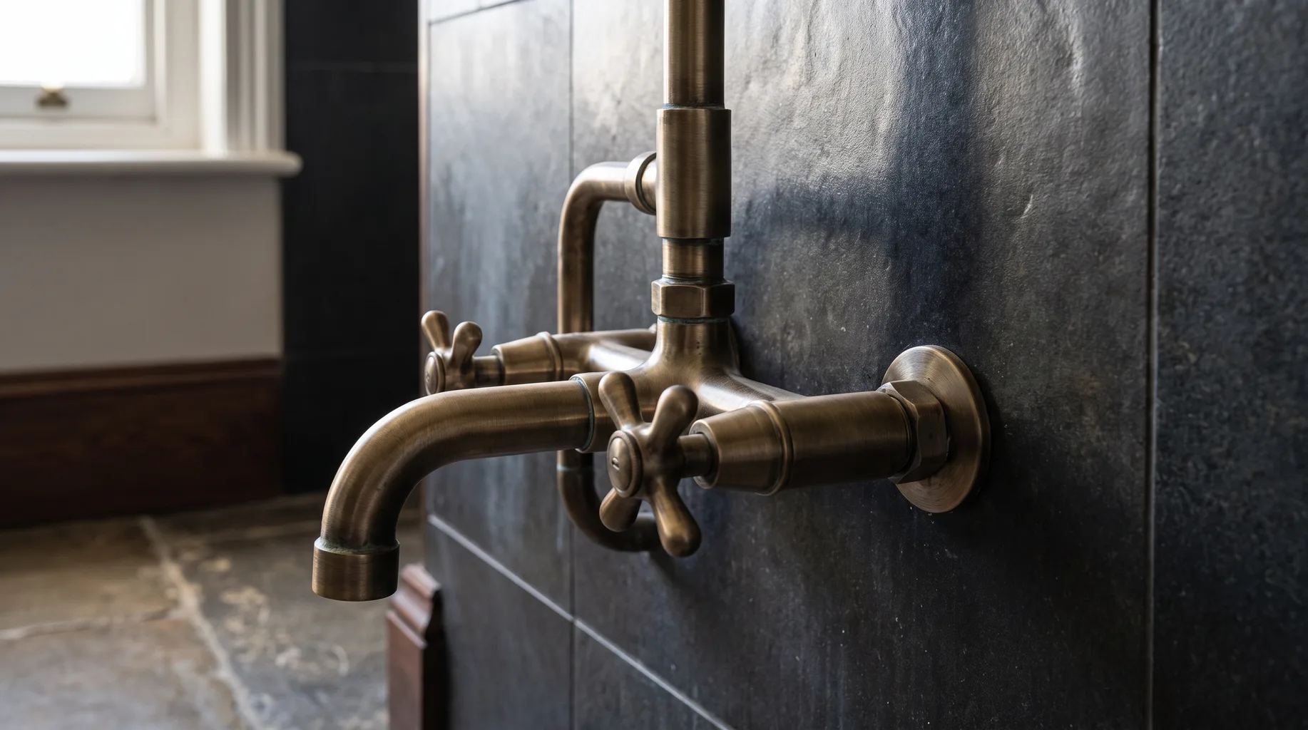 Close-up of an aged brushed bronze cross-head bath tap and exposed pipework against a dark basalt tiled wall in a period-style Eton bathroom, bright directional daylight.