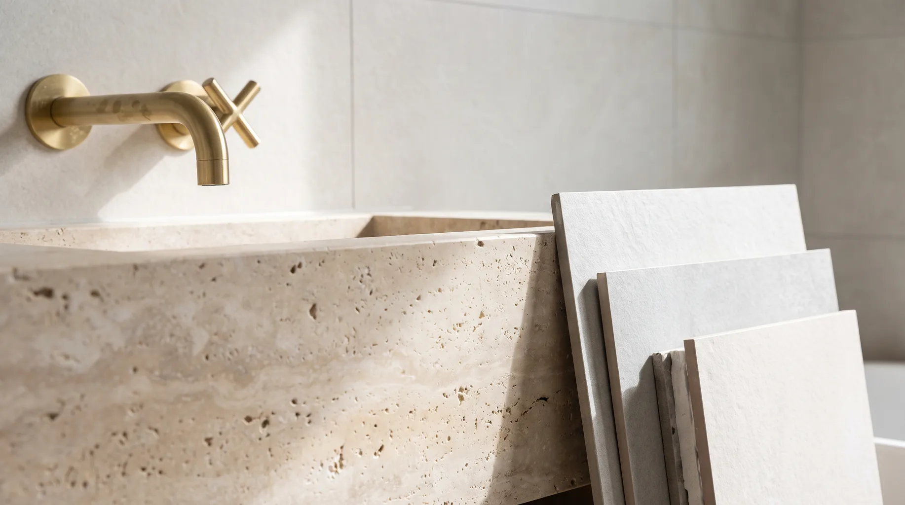 Close-up of a brushed brass basin mixer tap on a travertine vanity top beside leaning porcelain tile samples in a Finchampstead bathroom