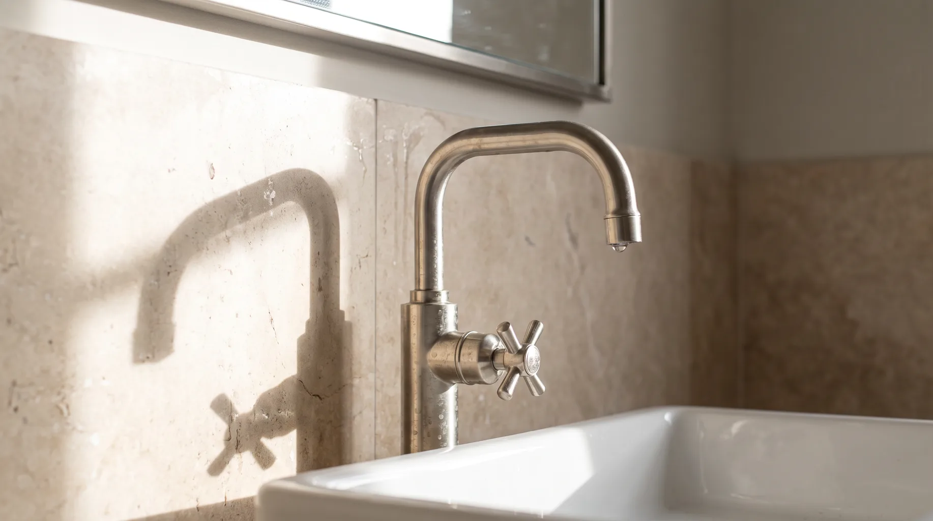 Close-up of a brushed nickel exposed-pipework basin tap with a cross-head handle against a honed travertine splashback in a finished Gerrards Cross vanity, bright directional daylight.