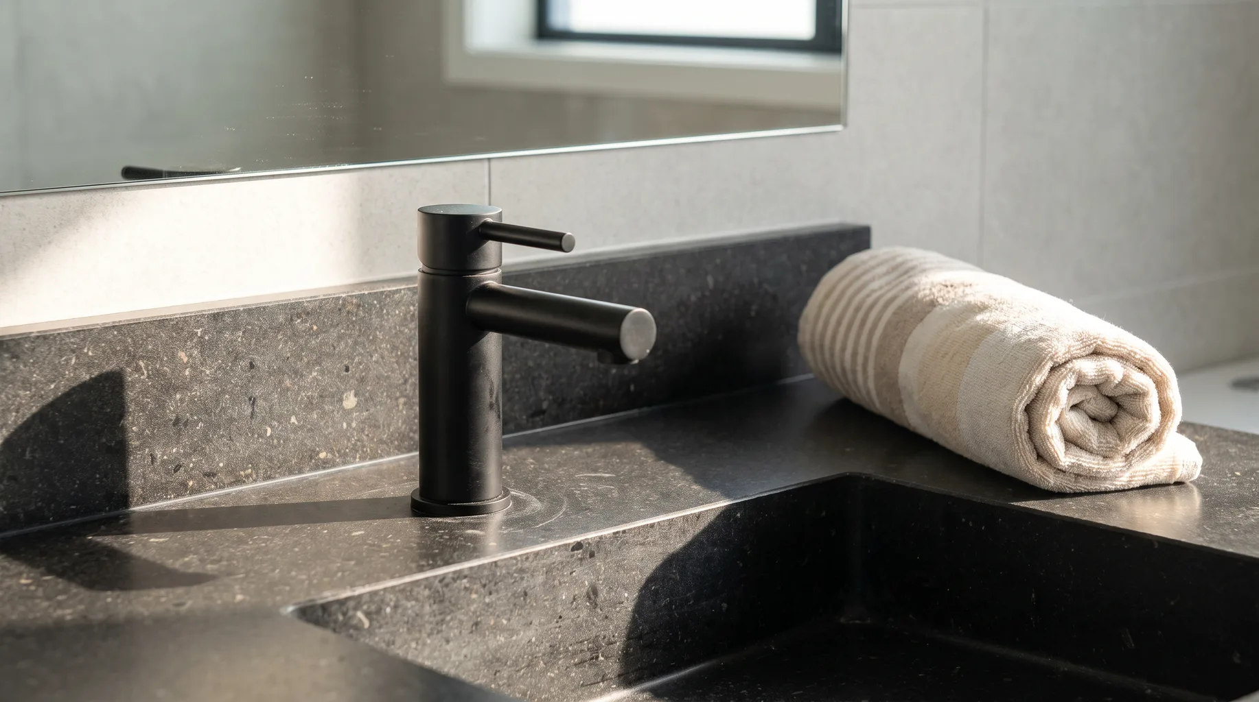 Close-up of a matte black basin mixer tap on a dark basalt stone vanity top in a finished Maidenhead apartment bathroom, bright directional daylight raking across the stone.