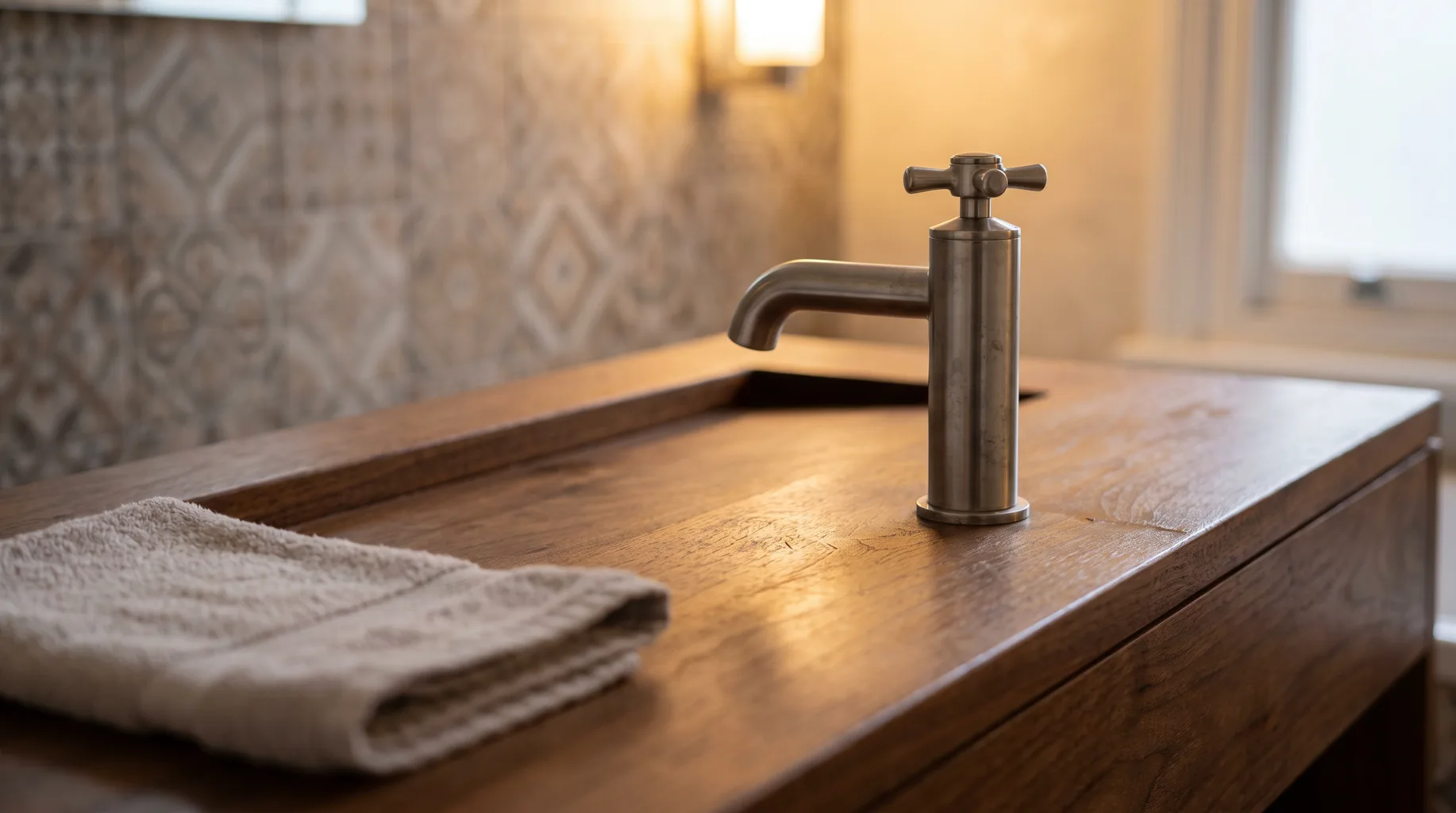 Close-up of a brushed chrome cross-head basin tap on a warm walnut timber vanity top in a finished Reading Victorian terrace bathroom, warm evening light mixing with fading daylight.