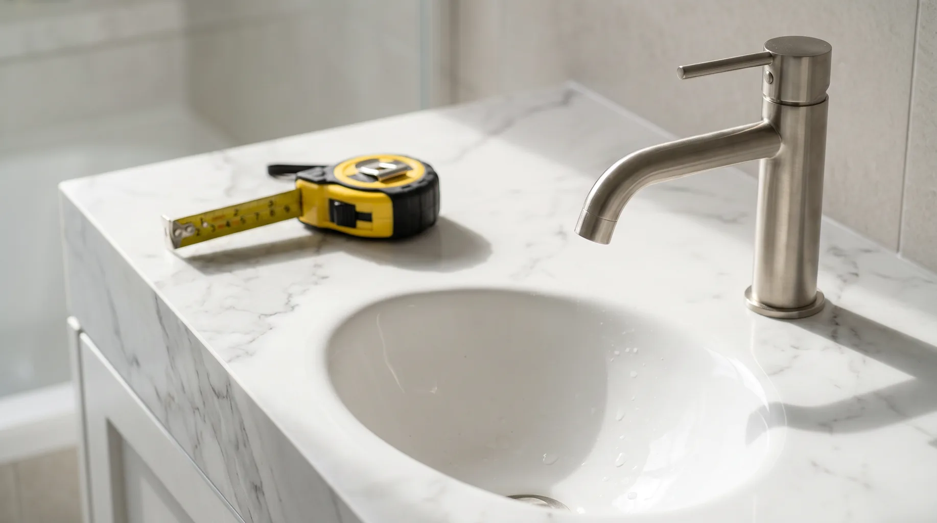 Close-up of a brushed nickel single-lever basin mixer tap against a Carrara marble-effect vanity top in a finished Sandhurst bathroom, soft natural side light with a fitter's tape measure resting at the worktop edge.