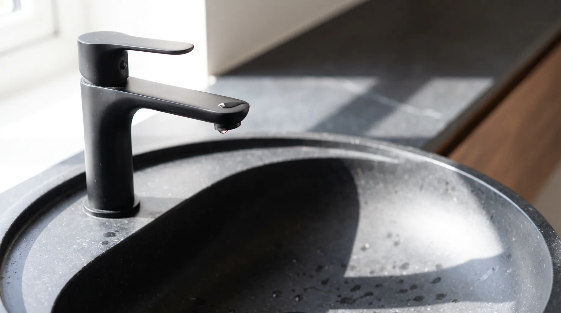 Close-up of a matte black sculptural basin tap against a dark honed volcanic limestone composite basin in a finished Stoke Poges vanity, bright side daylight with walnut cabinetry visible behind.