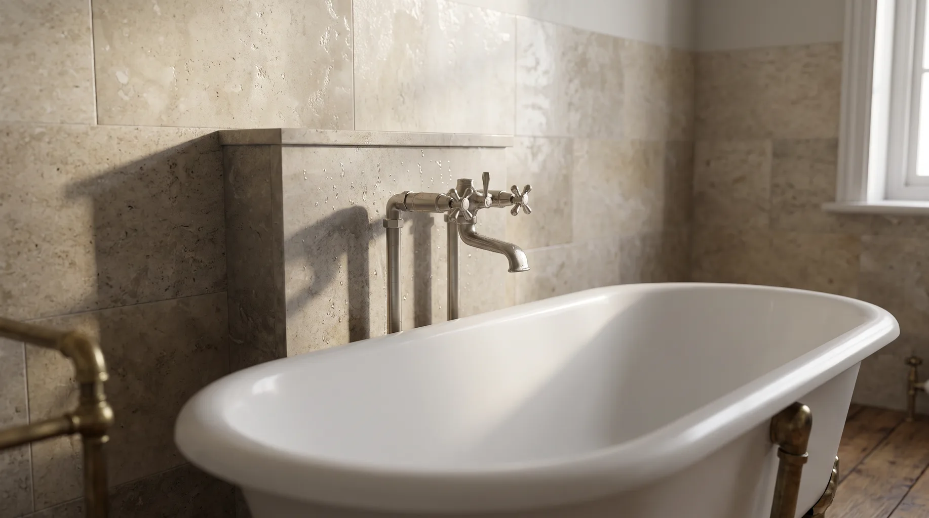 Close-up of a brushed nickel traditional cross-head bath tap with exposed pipework against honed travertine tile in a finished Sunningdale bathroom, soft morning light.
