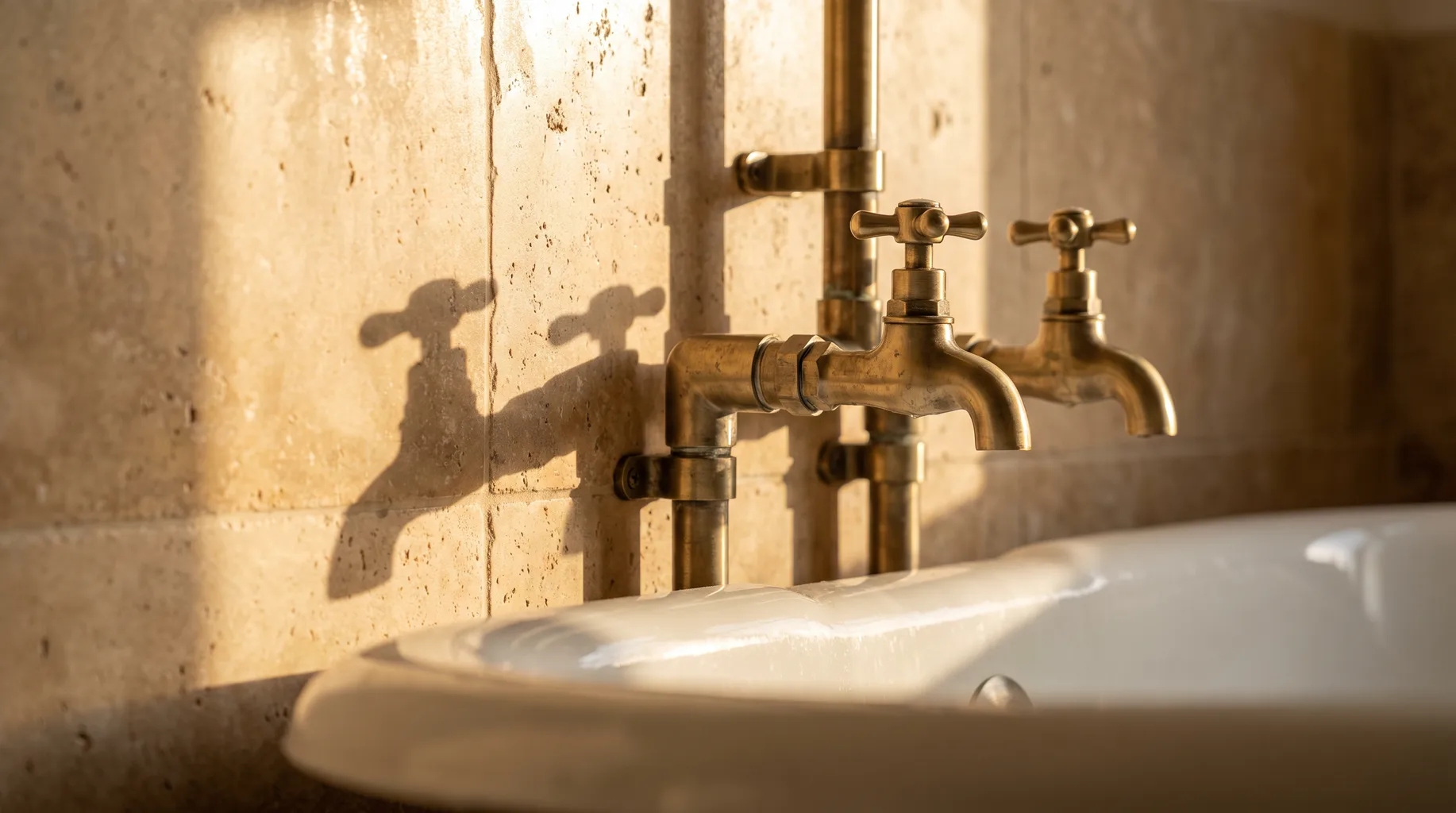 Close-up of a brushed brass exposed pipework bath filler and cross-head taps against travertine-effect tiling above a roll-top bath in a finished Sunninghill bathroom, warm late-afternoon side light.