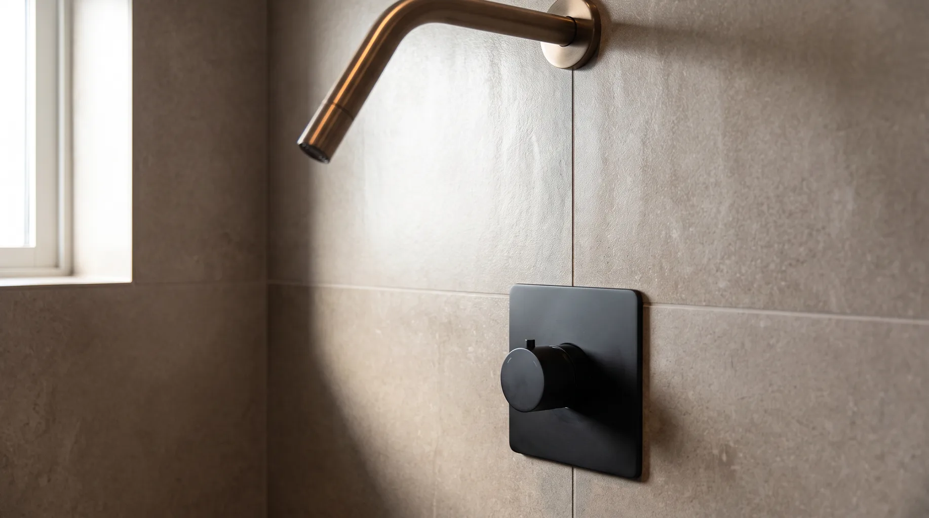 Close-up of a matte black concealed shower valve and brushed bronze overhead shower arm against large-format porcelain tile in a finished Virginia Water en-suite, soft directional daylight.