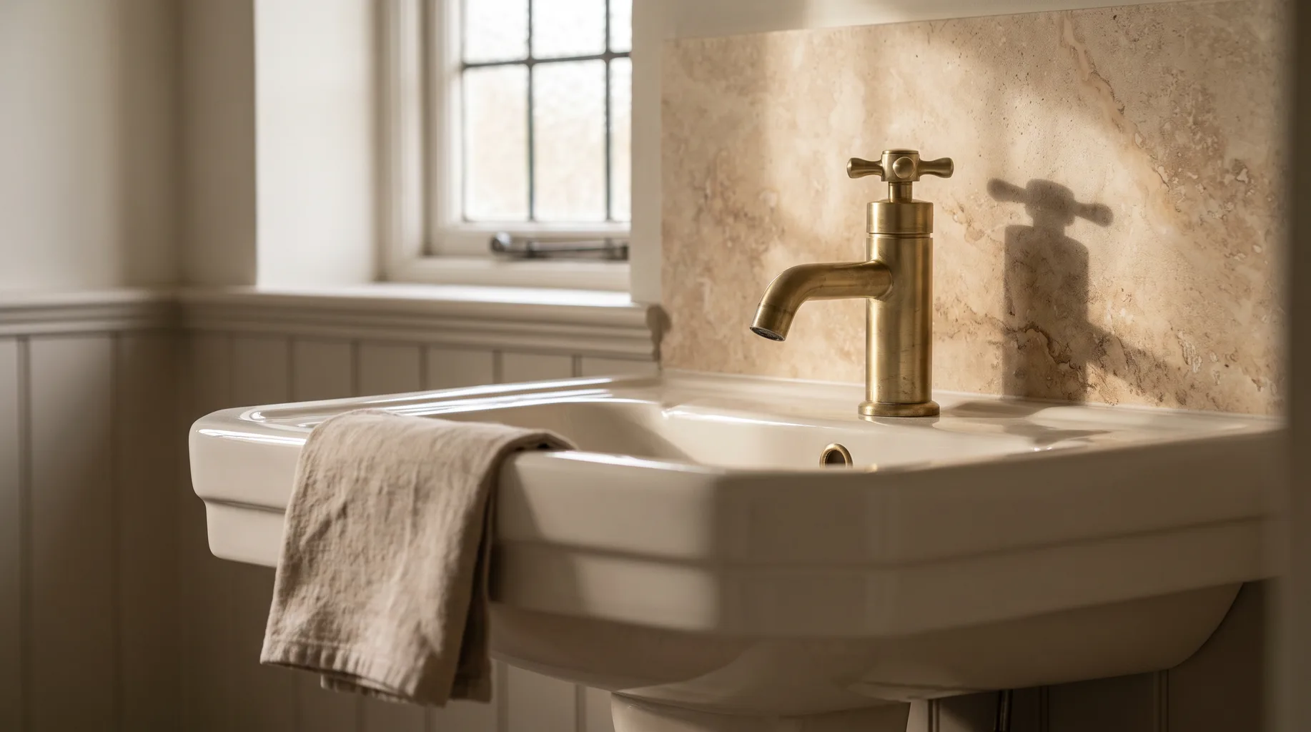 Close-up of a brushed brass period-style basin mixer tap on a traditional pedestal basin against honed travertine tiling in a renovated Warfield cottage bathroom, soft natural window light.