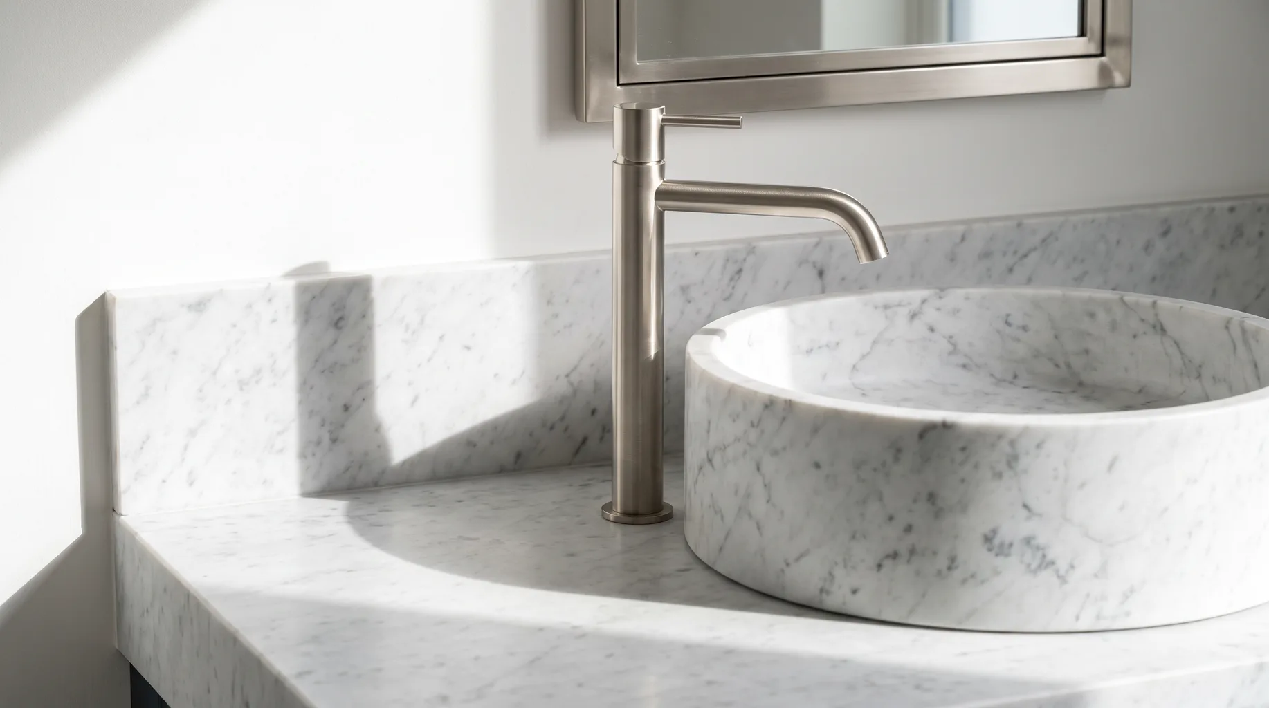 Close-up of a honed Carrara marble countertop basin with a brushed nickel pillar tap in a finished Wentworth Estate en-suite, bright midday daylight.