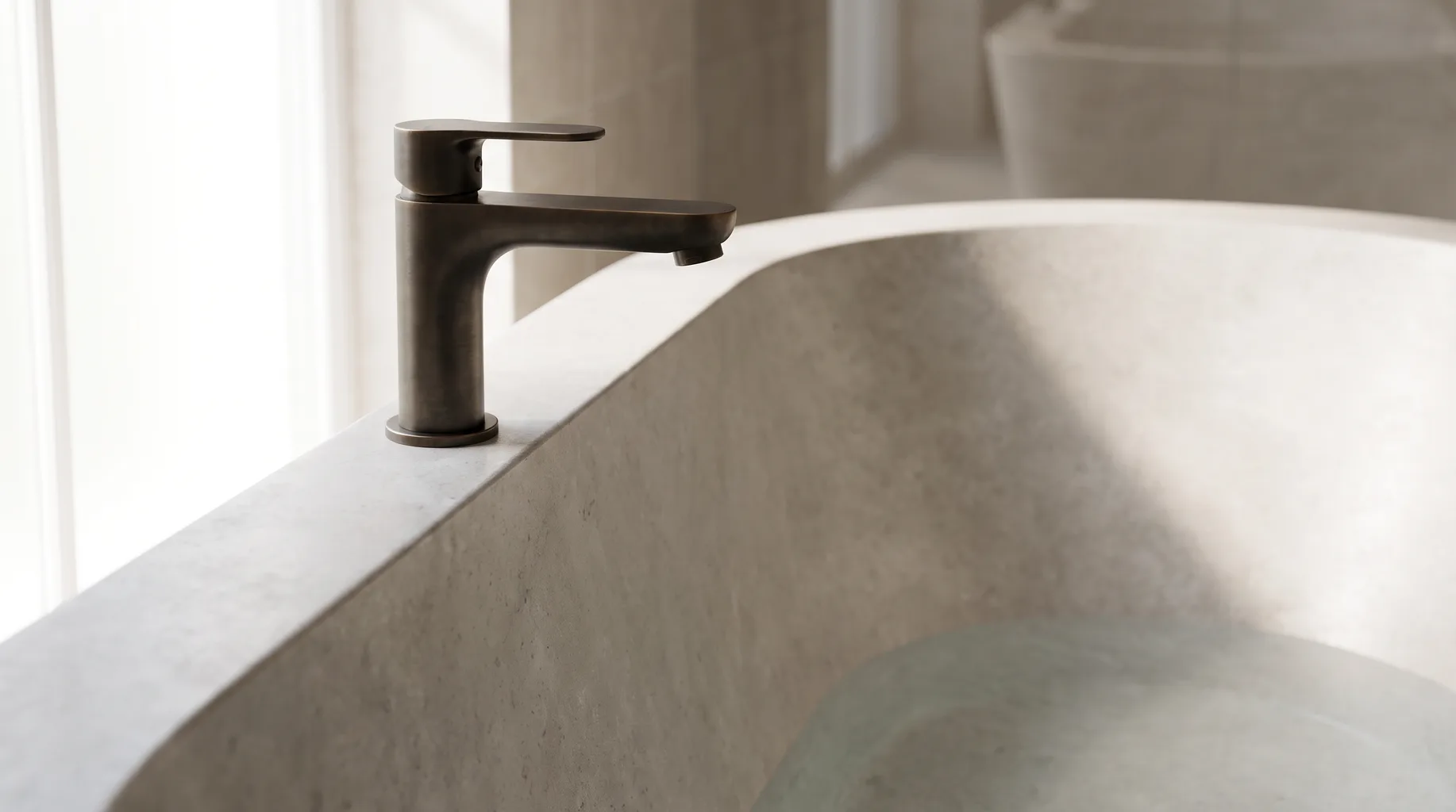 Close-up of a matte dark bronze sculptural bath tap on the deck of a freestanding pale limestone-composite bath in a finished Windlesham bathroom, soft overcast daylight.