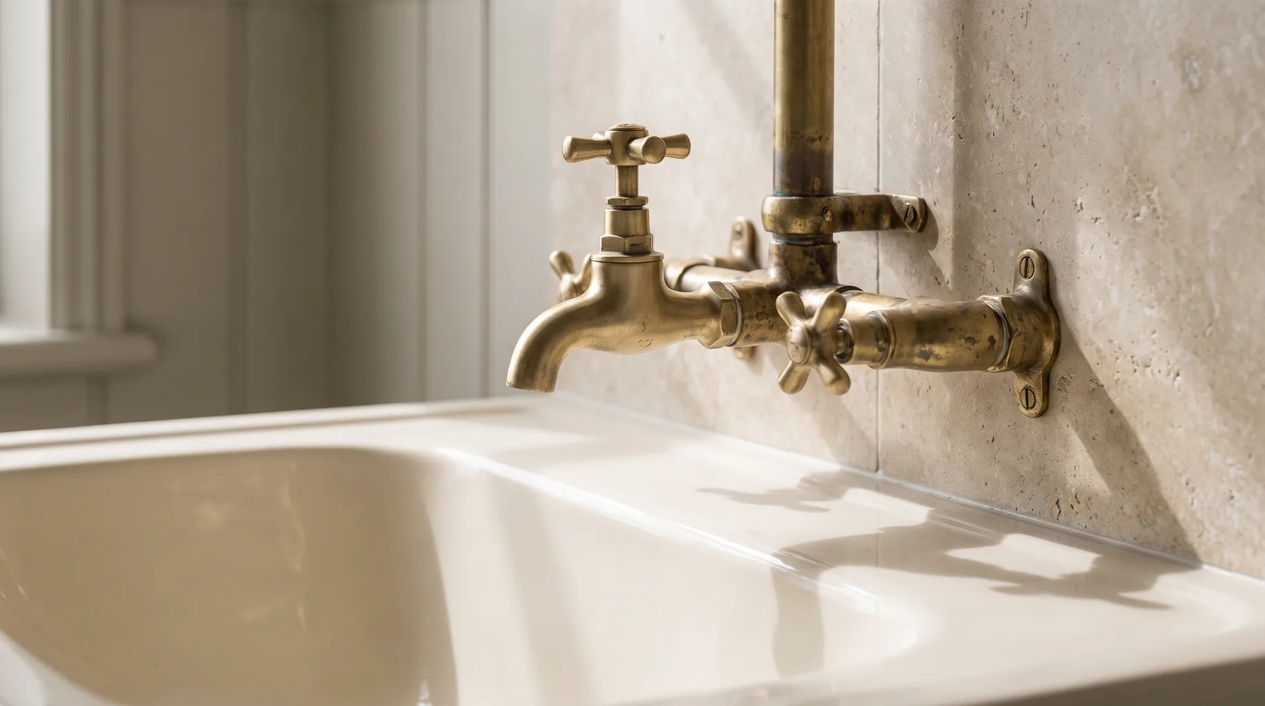 Close-up of a brushed brass traditional cross-head tap and exposed pipework above a pedestal basin with honed travertine splashback tile in a Georgian town house bathroom near Windsor's historic centre.
