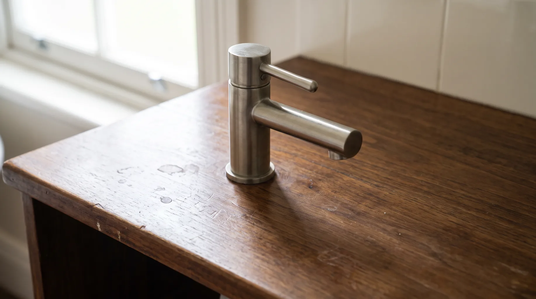 Close-up of a brushed nickel basin mixer tap set into a walnut timber vanity top in a finished Winkfield cottage bathroom, soft natural side light picking out the wood grain.