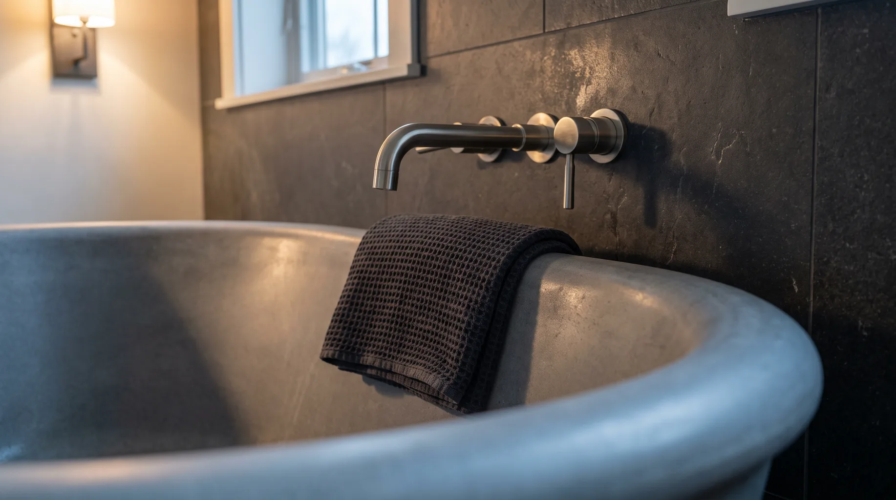 Close-up of a brushed nickel wall-mounted bath filler against the rolled edge of a freestanding stone-resin bath and dark basalt tiling in an updated Winkfield Row farmhouse bathroom, warm evening light.