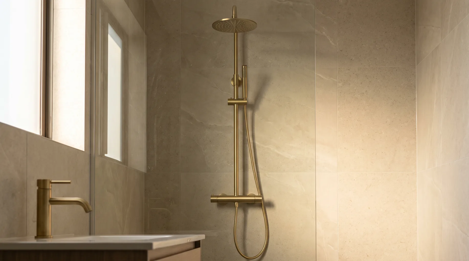 Finished luxury bathroom with a sculptural exposed rainfall shower system and matching basin mixer