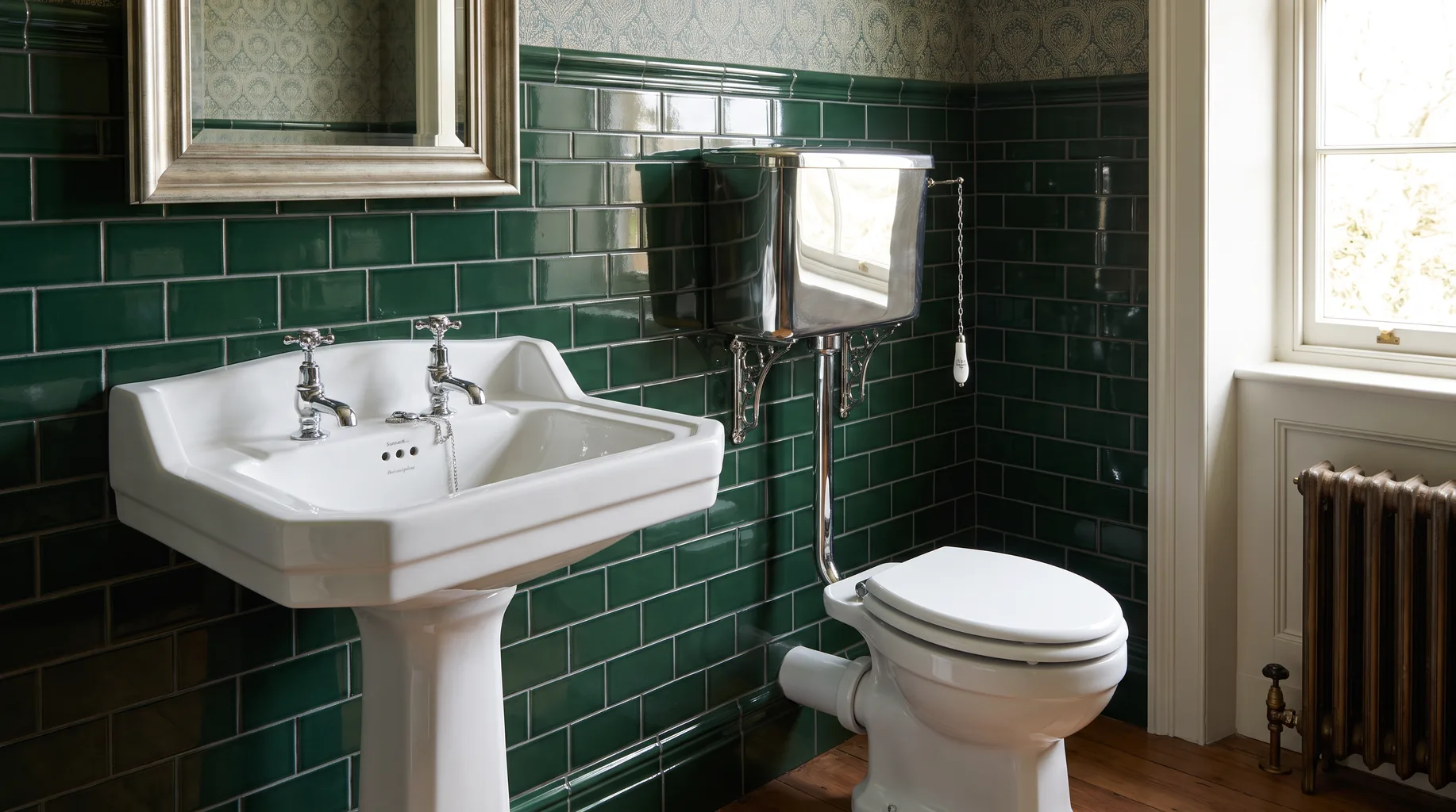 Classic Burlington pedestal basin and high-level WC with exposed cistern in a finished traditional bathroom