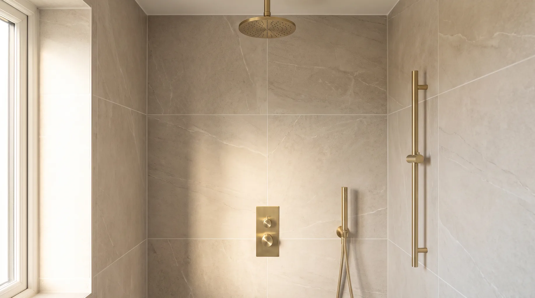 Contemporary walk-in shower with a slim concealed Crosswater thermostatic valve and overhead shower head